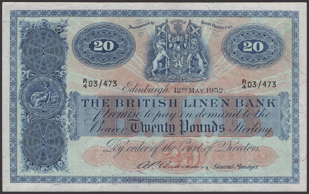 British Linen Bank, £20, 12 May 1952, serial number R/4 03/473, Anderson