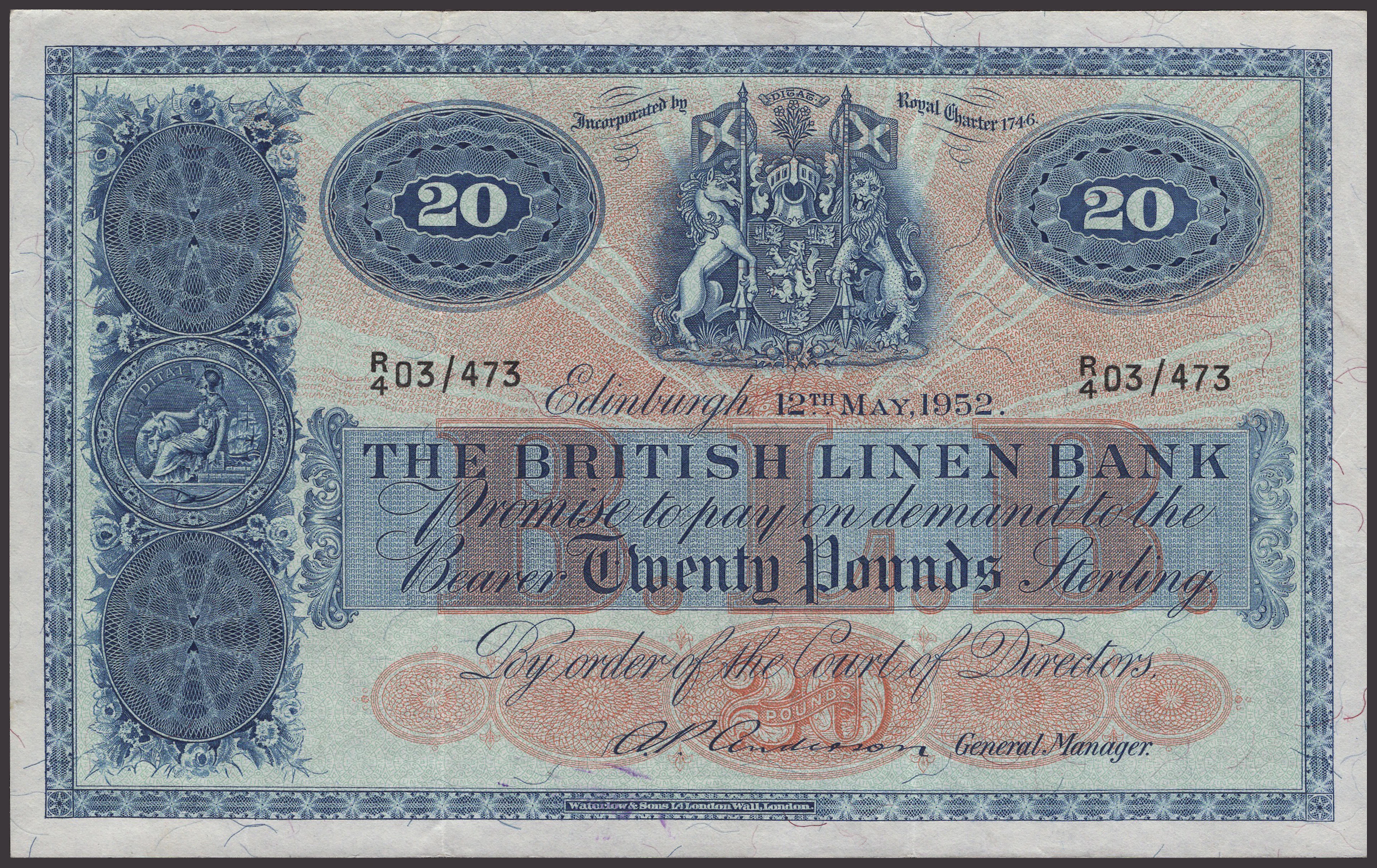 British Linen Bank, £20, 12 May 1952, serial number R/4 03/473, Anderson