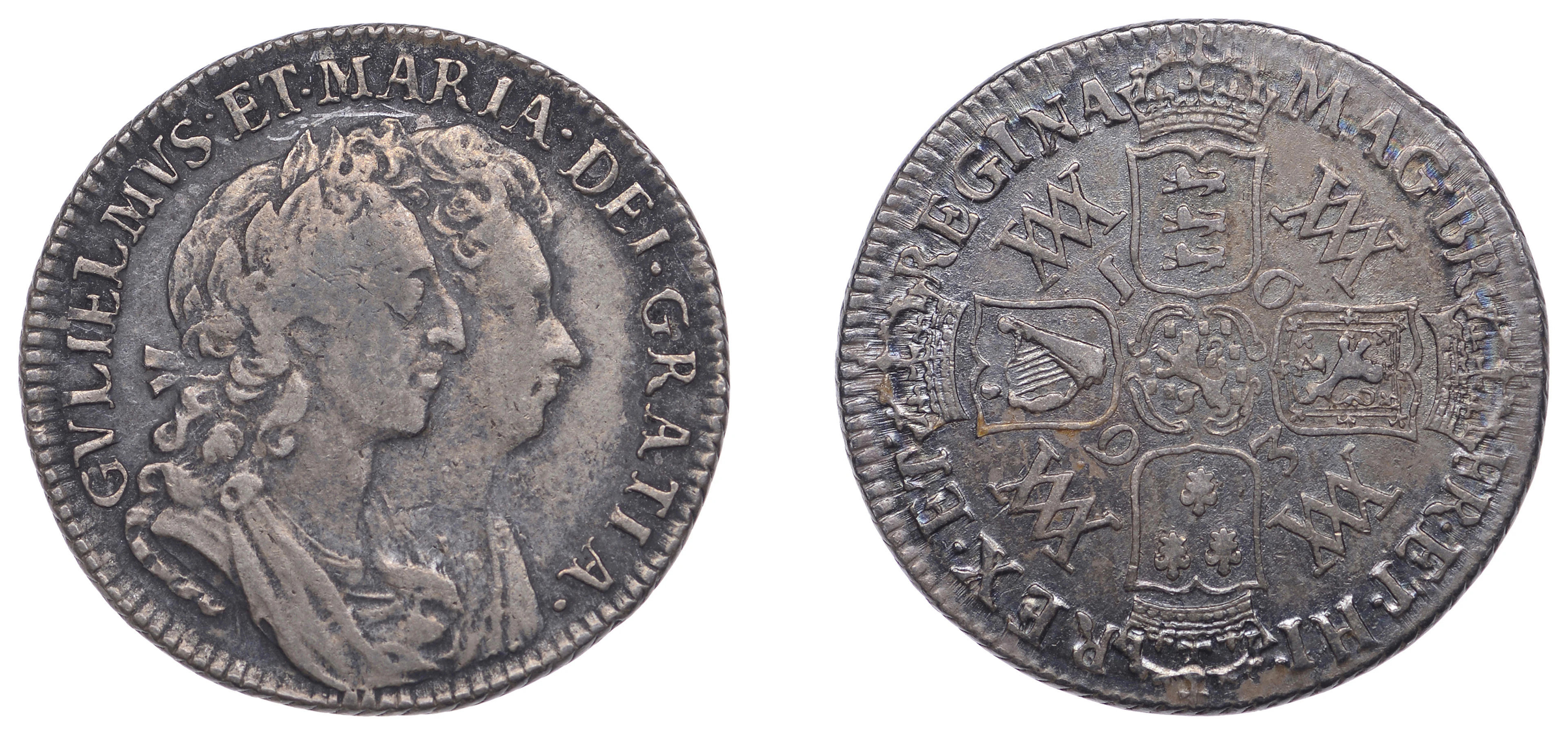 William and Mary (1688-1694), Shilling, 1693, stop after gratia, harp