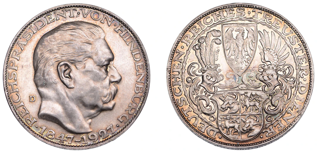 Germany, Weimar Republic, Pattern 5 Reichsmark, 1927d, 80th Birthday