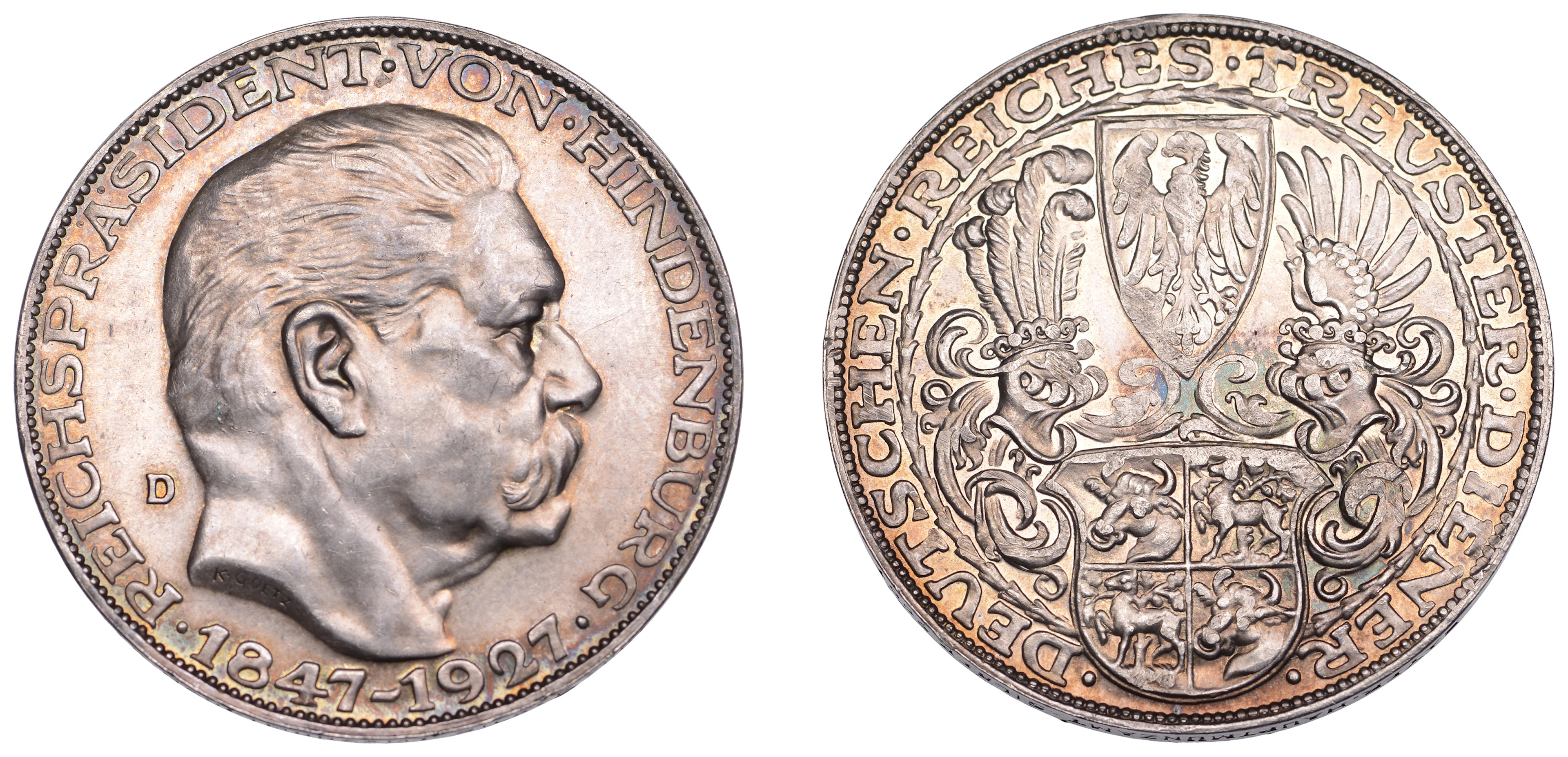 Germany, Weimar Republic, Pattern 5 Reichsmark, 1927d, 80th Birthday