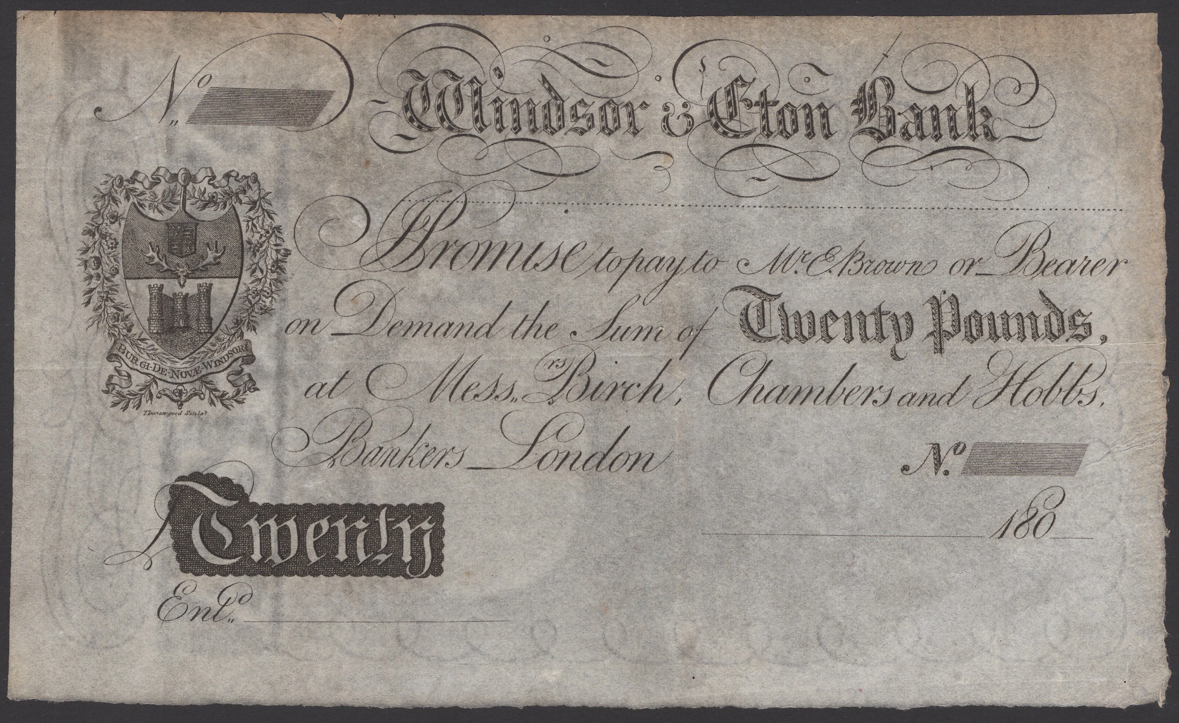 Windsor & Eton Bank, for (Brown & Coombs), unissued £20, 180-, without