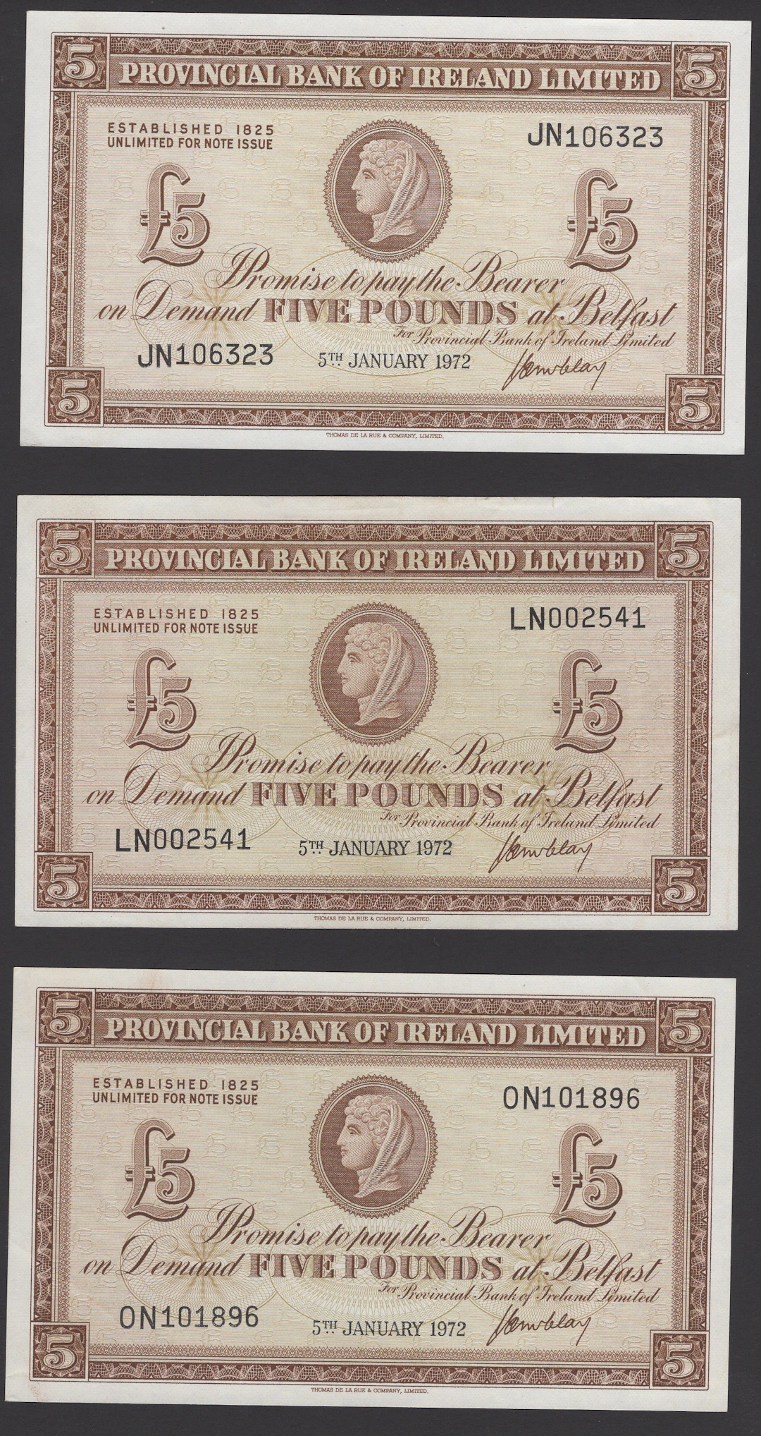 Provincial Bank of Ireland Ltd, £5 (3), 5 January 1972, serial numbers