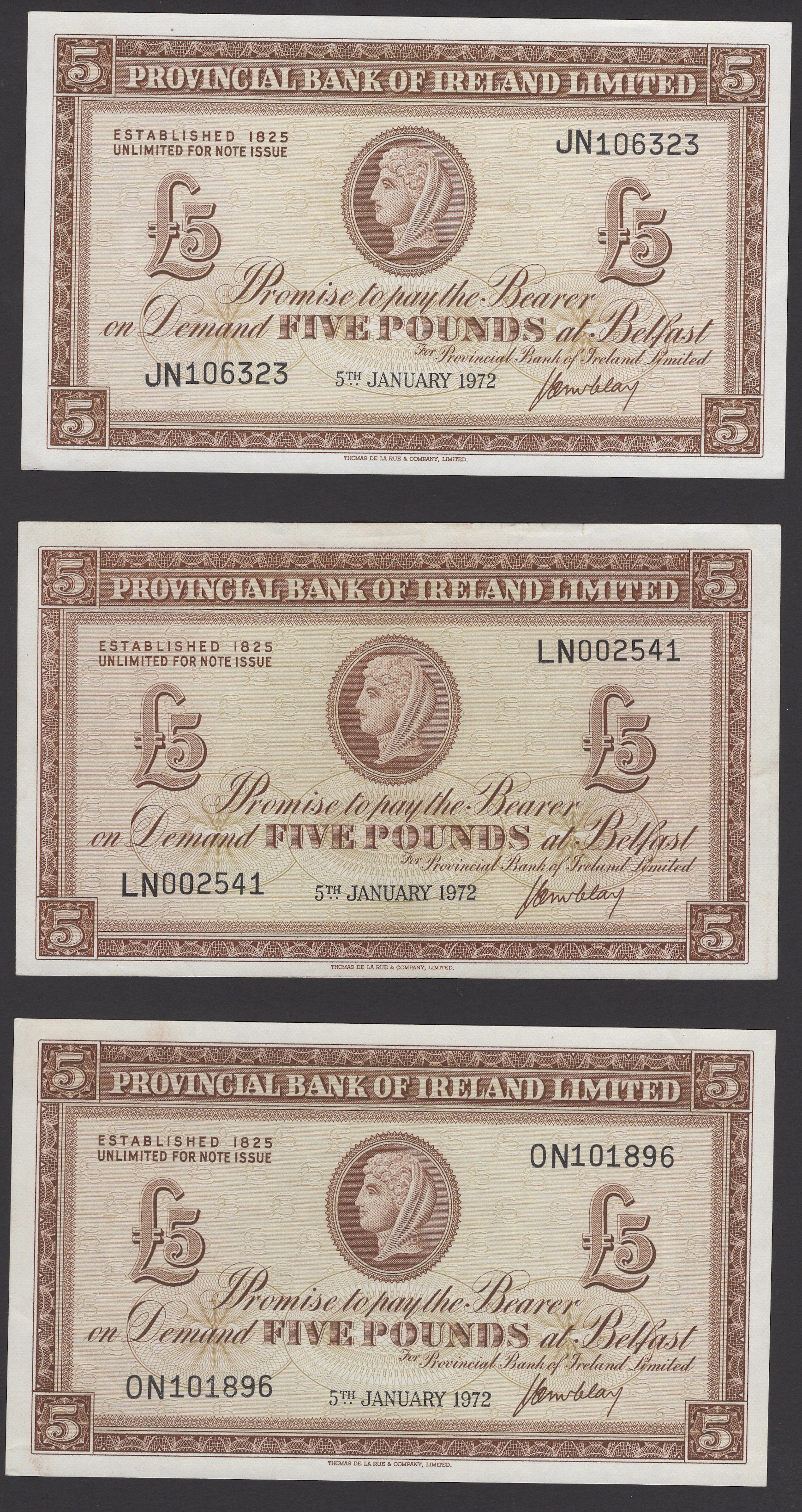 Provincial Bank of Ireland Ltd, £5 (3), 5 January 1972, serial numbers