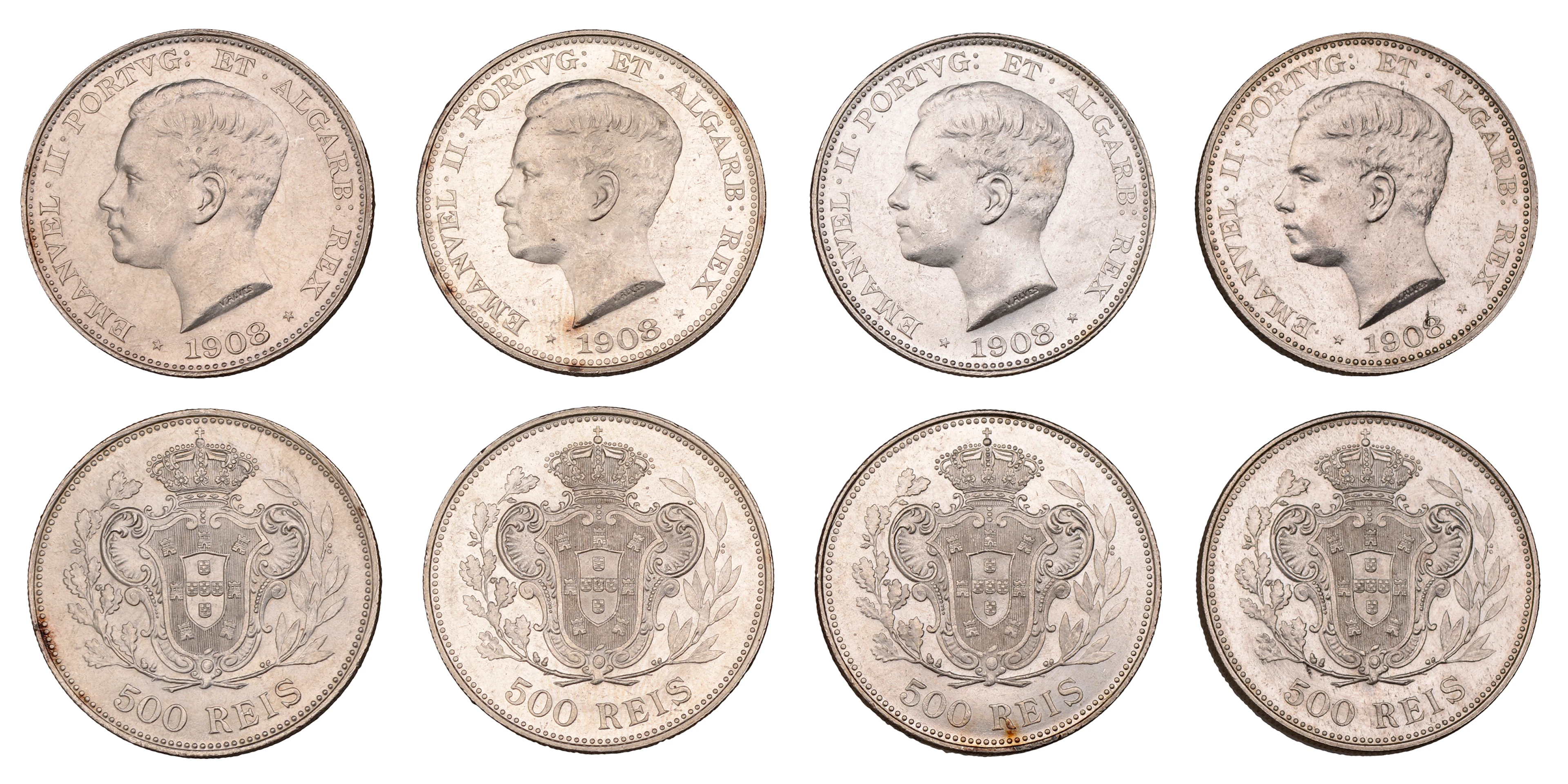Portugal, Manuel II, 500 Reis (4), all 1908, Lisbon (KM 547) [4].