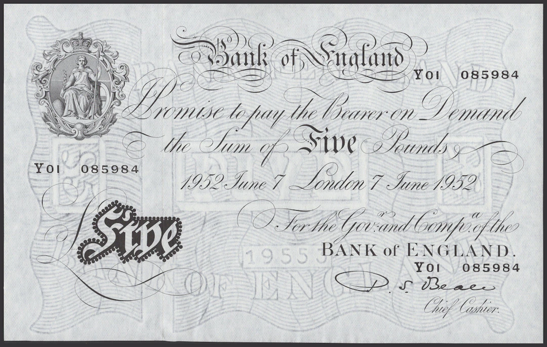 Bank of England, Percival S. Beale, £5, 7 June 1952, serial number