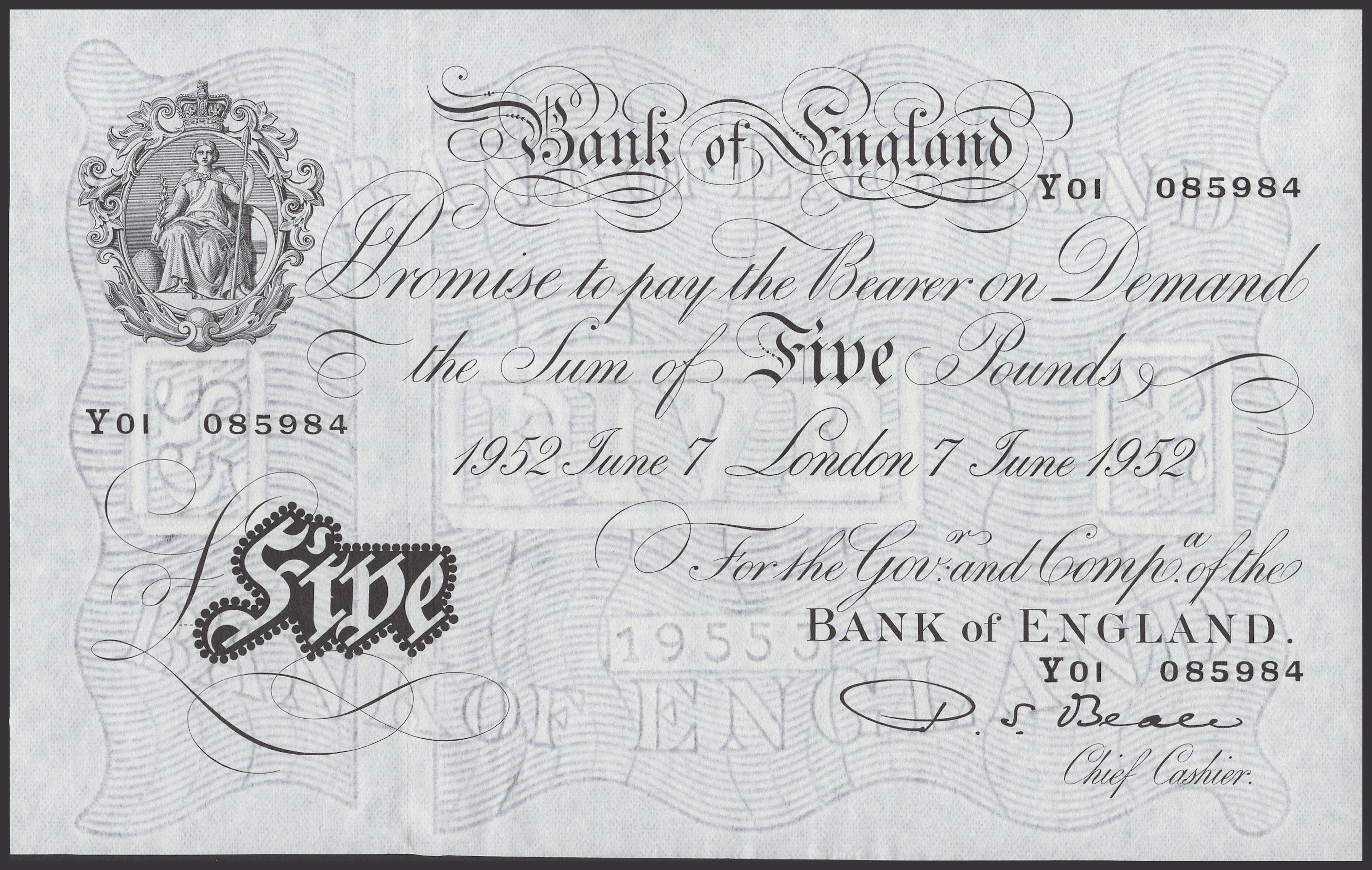Bank of England, Percival S. Beale, £5, 7 June 1952, serial number