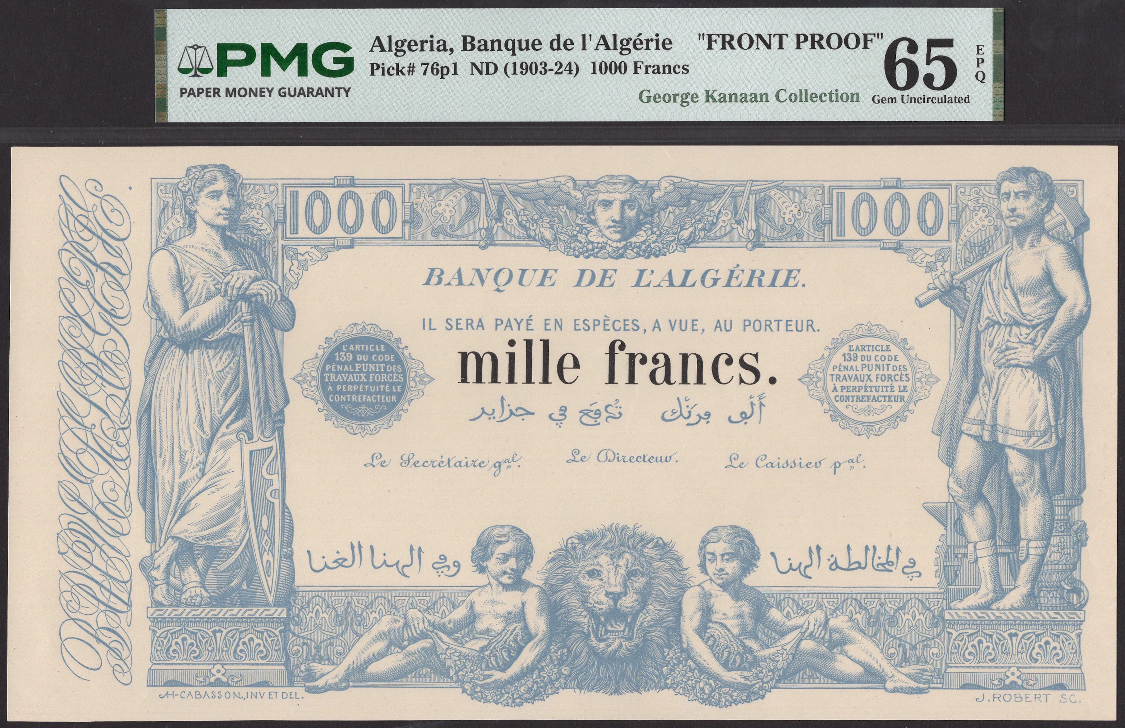 Banque de l’Algerie, obverse proof 1000 Francs, ND (1898-1926), without