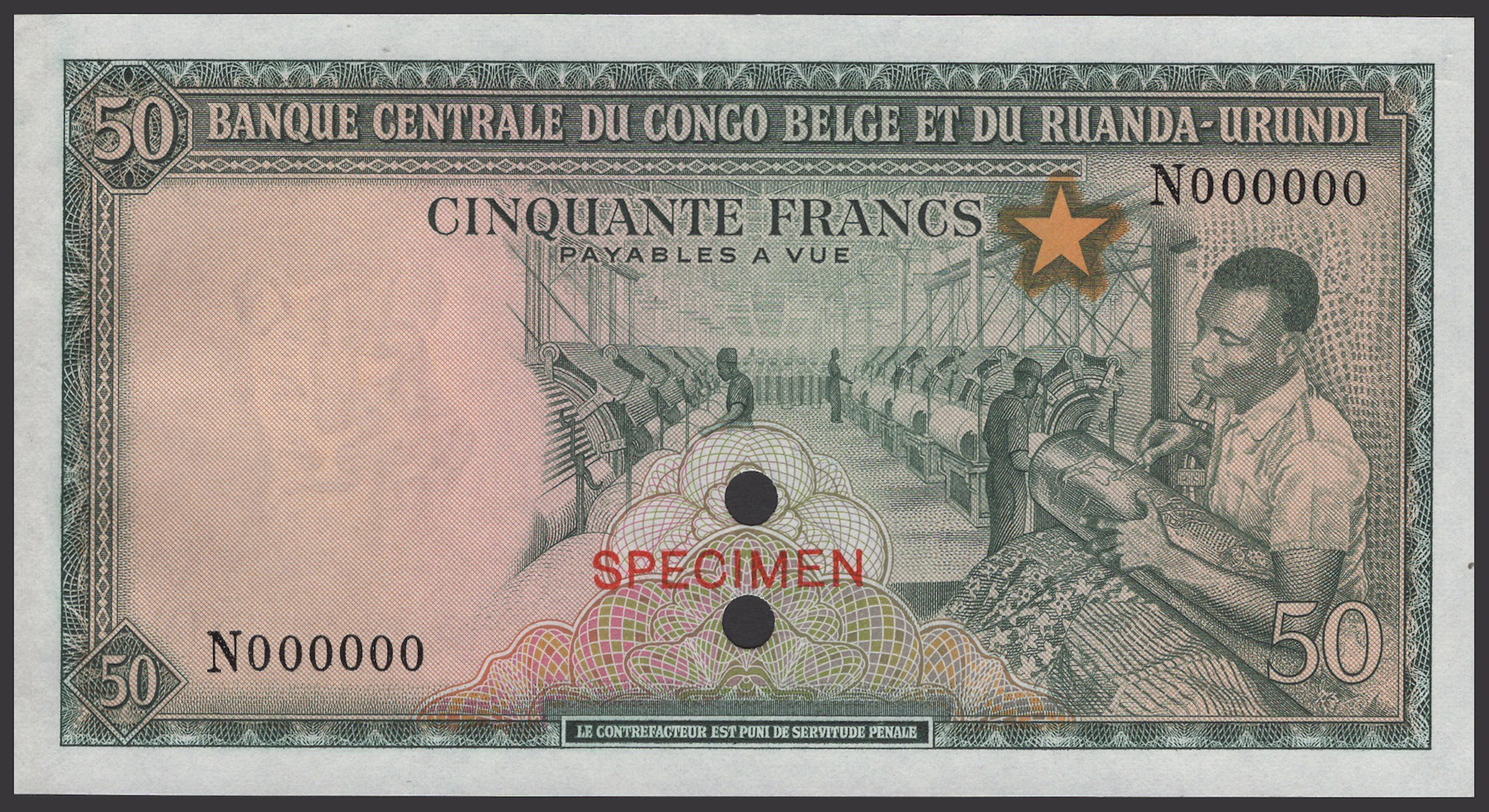 Banque Centrale du Congo Belge et du Ruanda-Urundi, colour trial 50