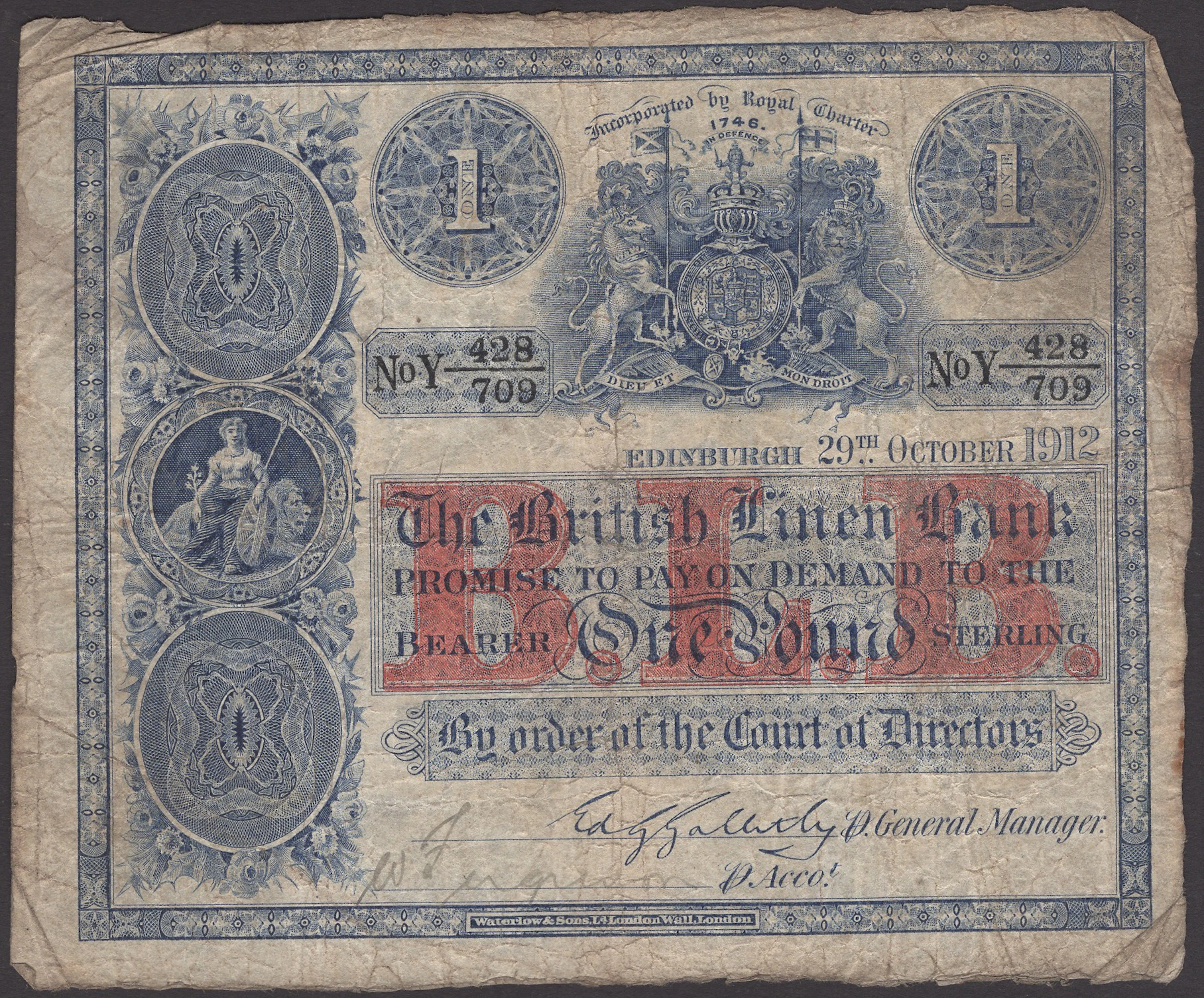 British Linen Bank, £1, 29 October 1912, serial number Y 428/709