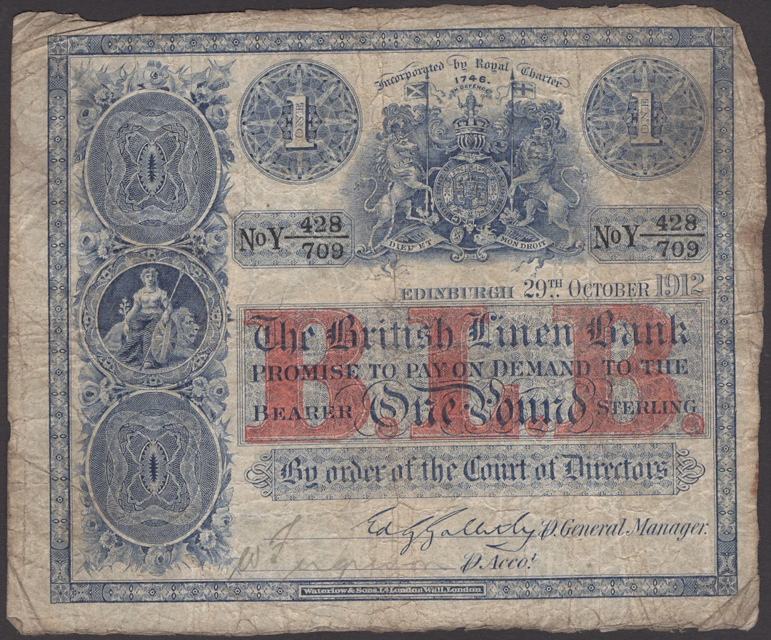 British Linen Bank, £1, 29 October 1912, serial number Y 428/709