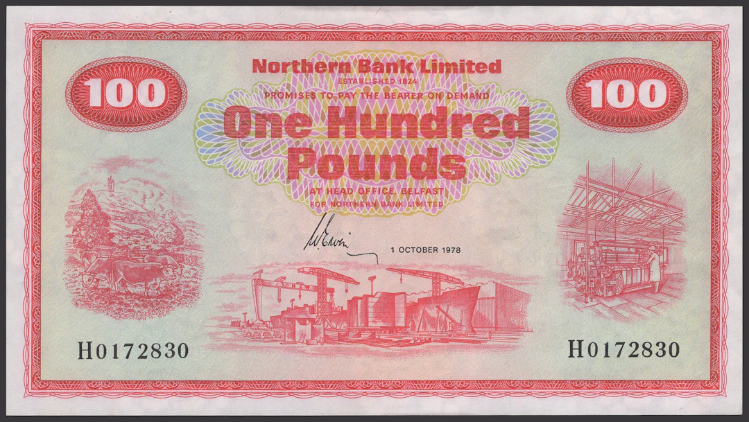 Northern Bank Limited, £100, 1 October 1978, serial number H0172830