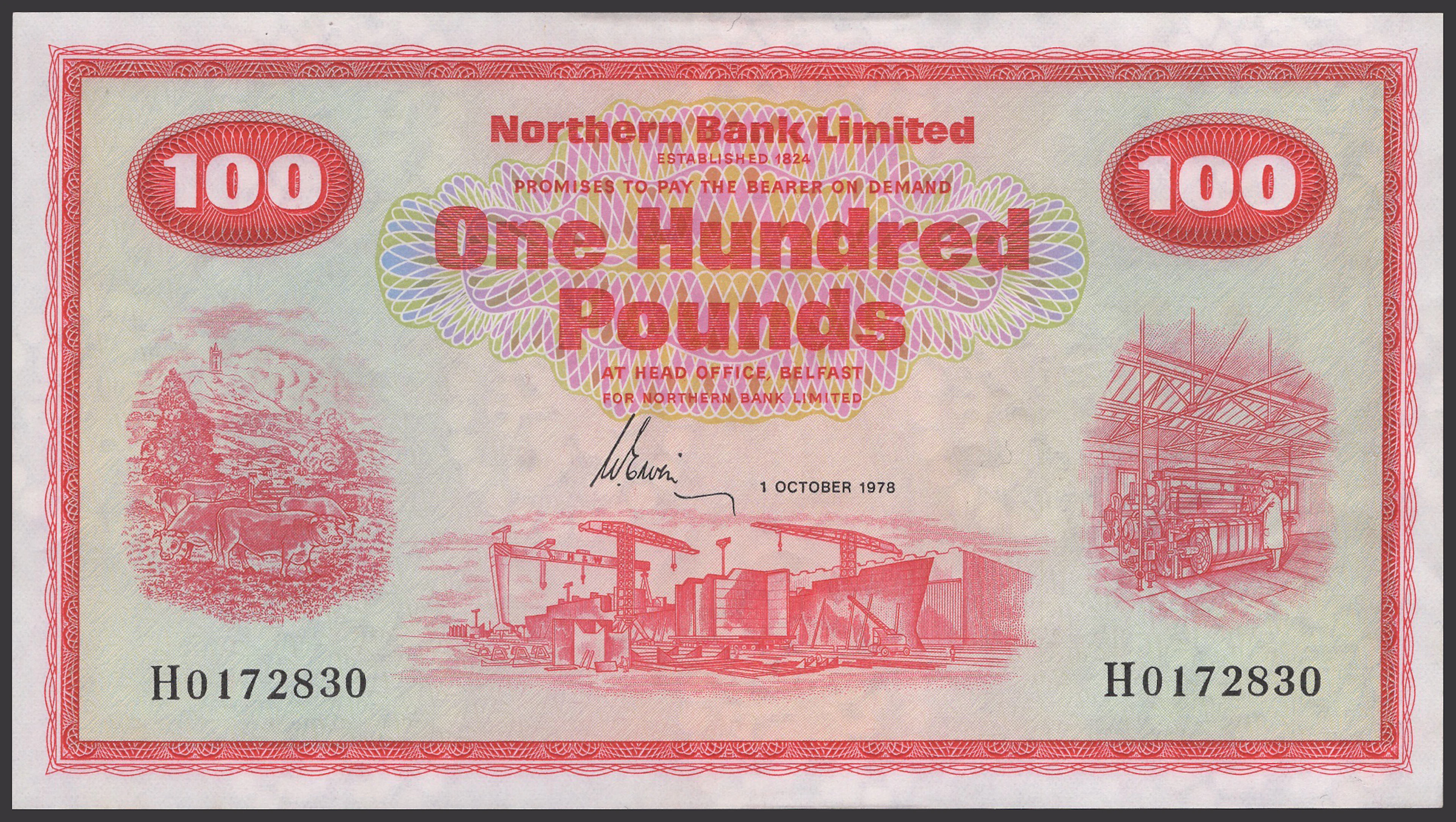 Northern Bank Limited, £100, 1 October 1978, serial number H0172830