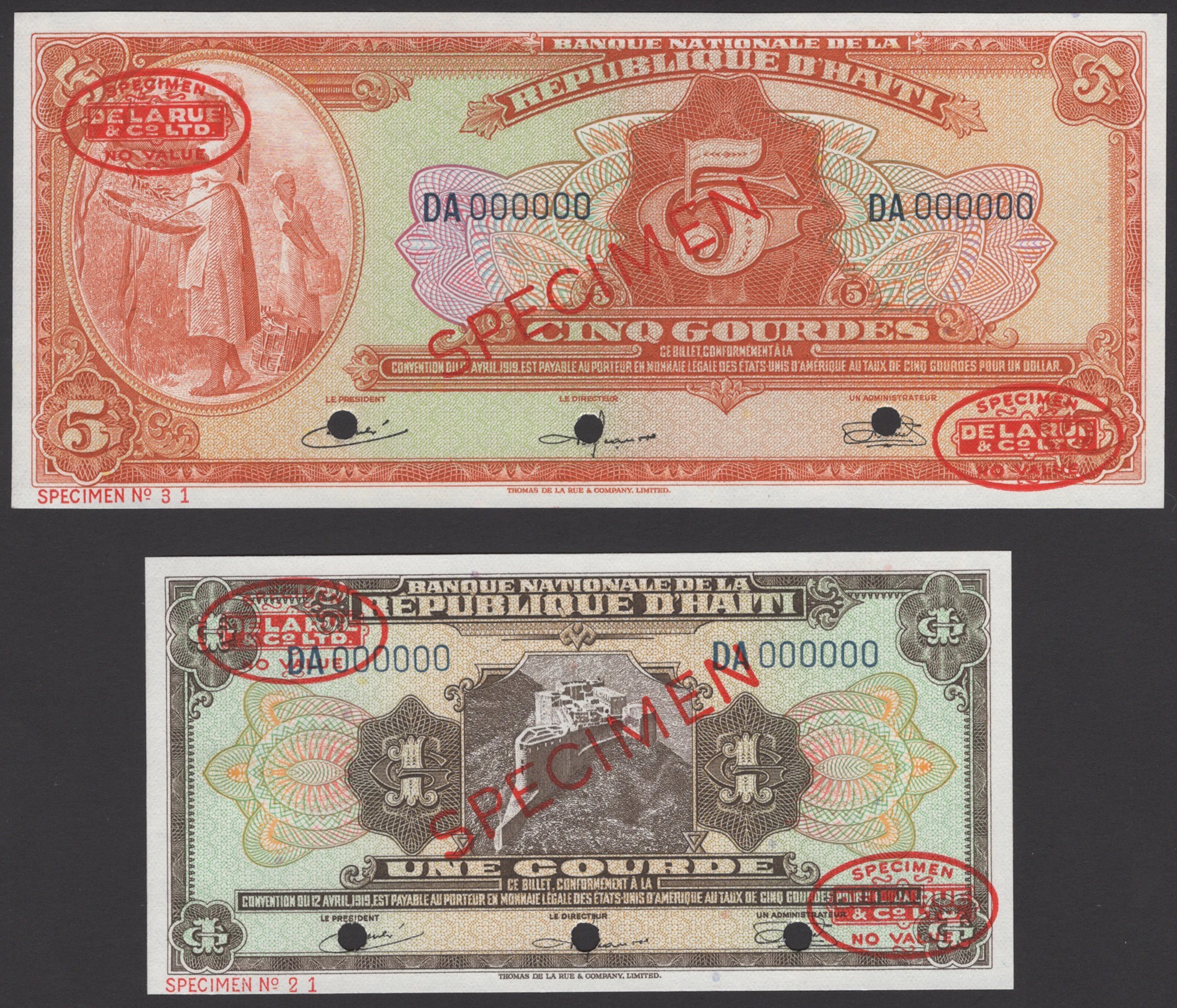Banque Nationale de la Republique d’Haiti, specimen 1 Gourde, 1919