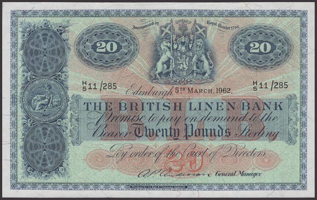 British Linen Bank, £20, 5 March 1962, serial number H/5 11/285, Anderson