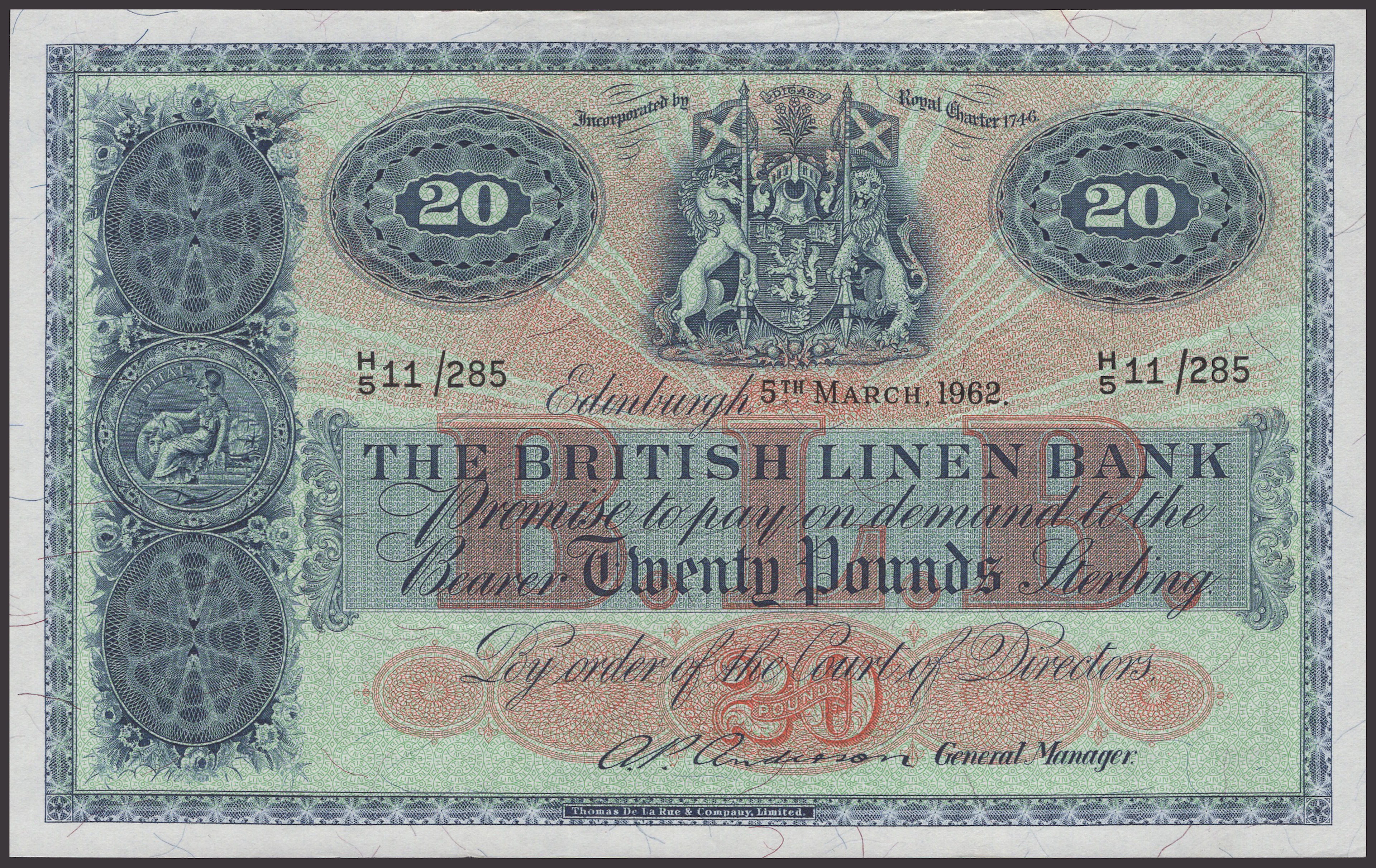 British Linen Bank, £20, 5 March 1962, serial number H/5 11/285, Anderson