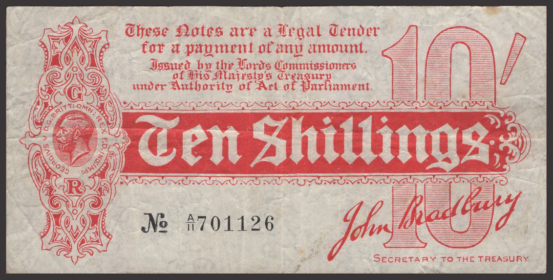 Treasury Series, John Bradbury, 10 Shillings, 14 August 1914, serial