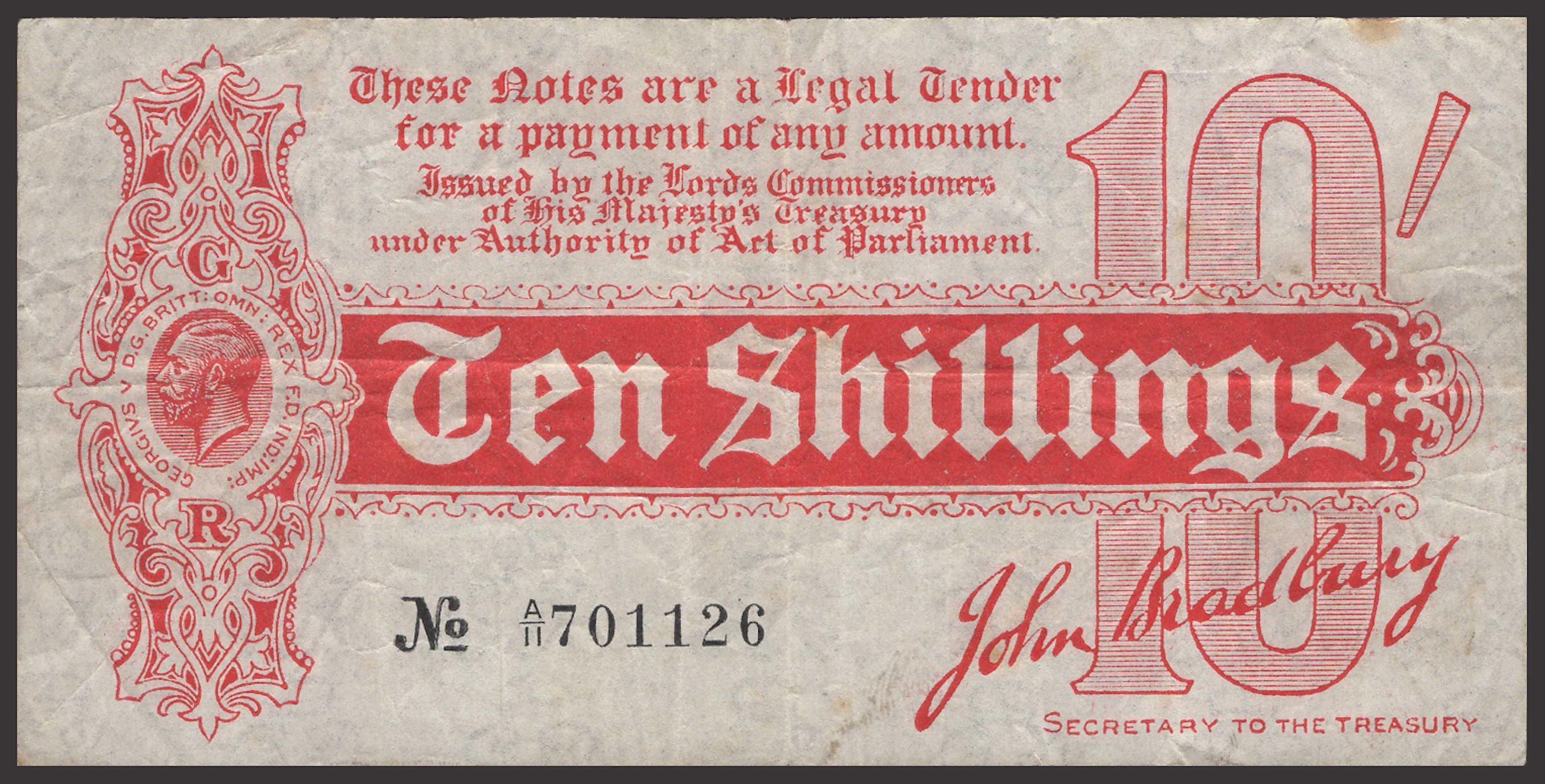 Treasury Series, John Bradbury, 10 Shillings, 14 August 1914, serial