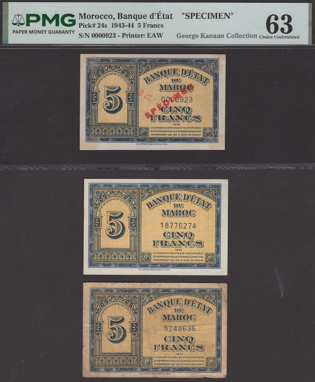 Banque d’Etat du Maroc, specimen 5 Francs, 1 August 1943, serial number