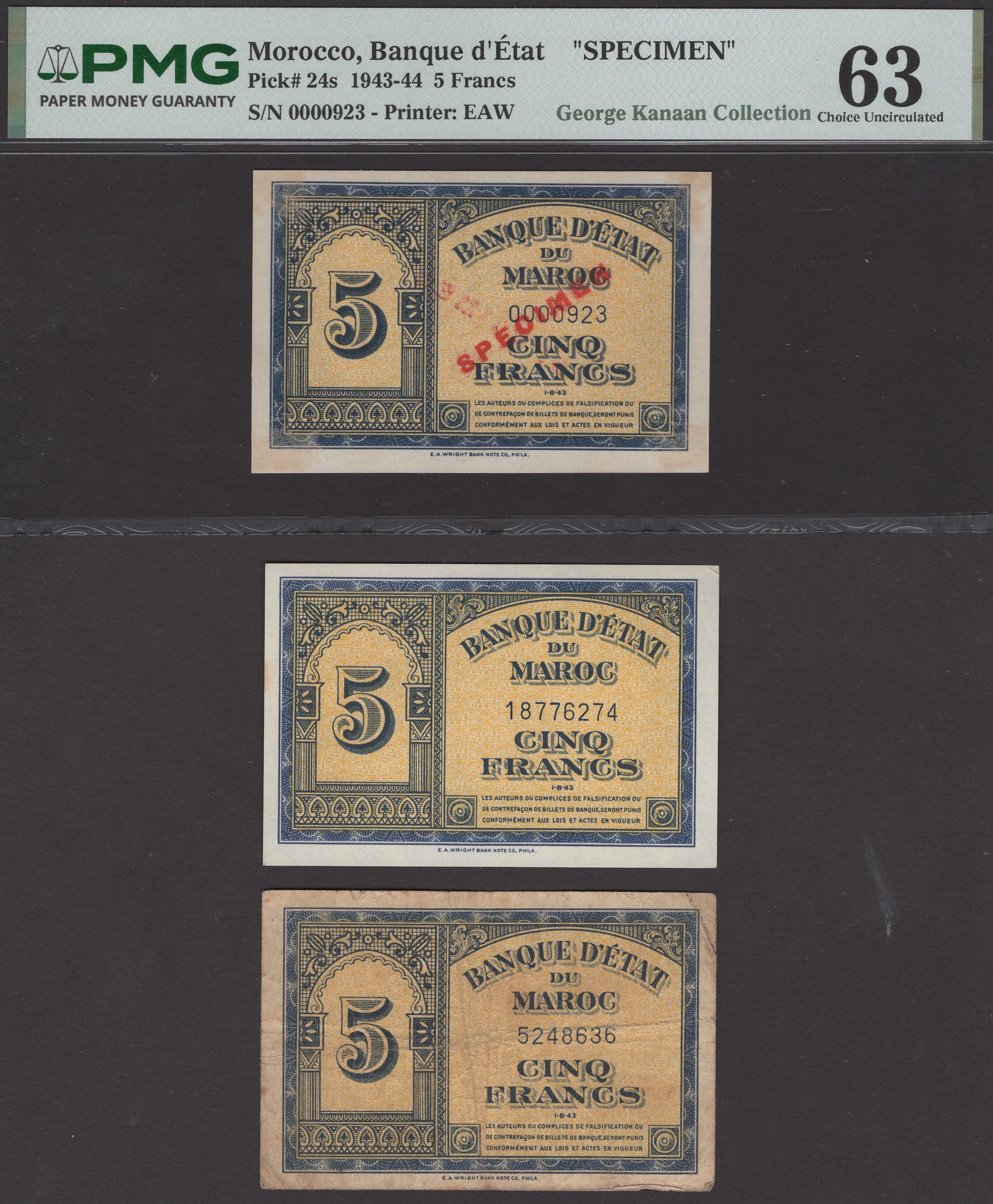Banque d’Etat du Maroc, specimen 5 Francs, 1 August 1943, serial number