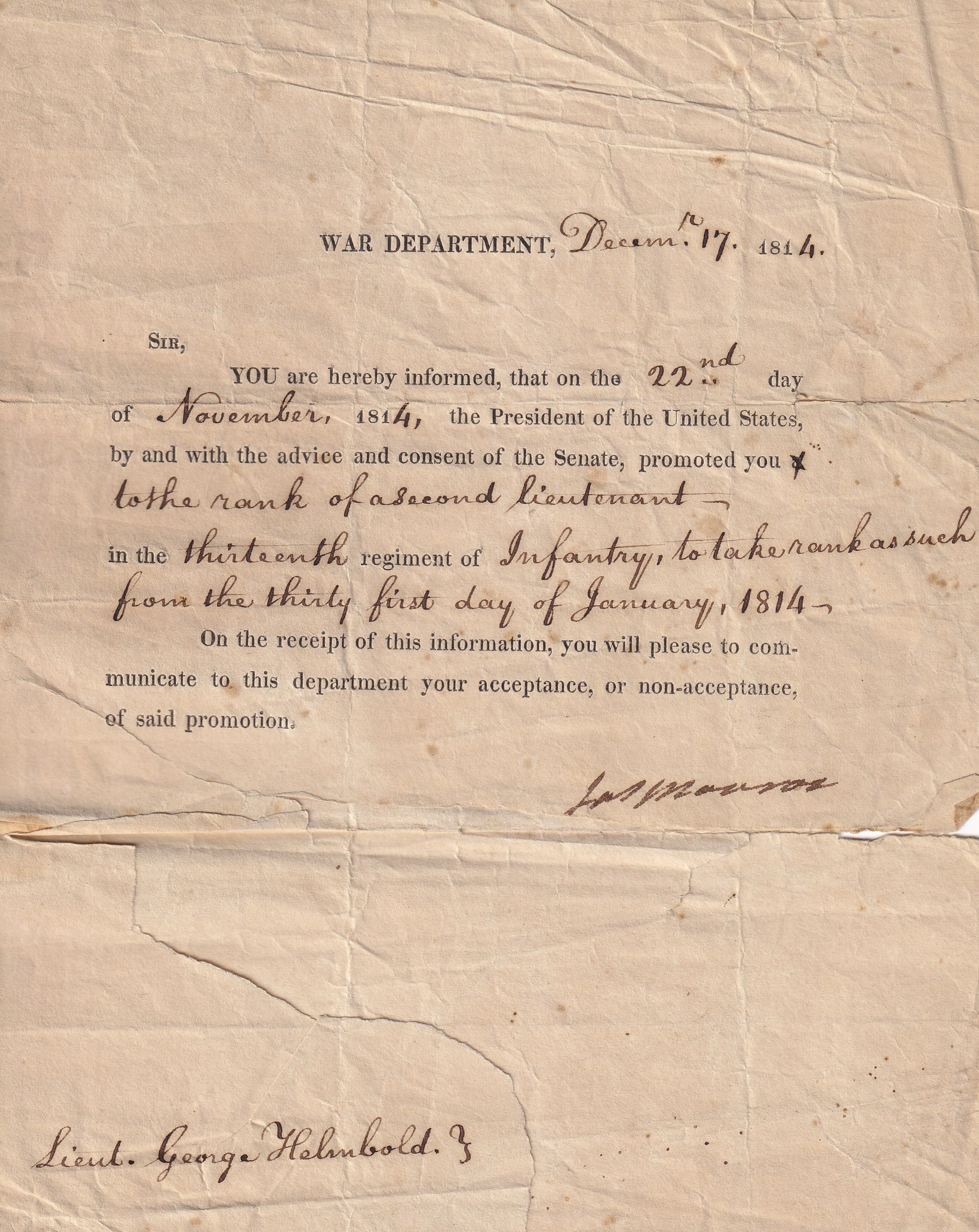 A Rare United States War Department Document Signed by James Monroe