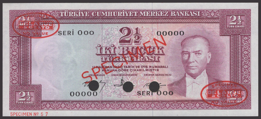 Central Bank of Turkey, specimen 2 1/2 Lirasi, 1930 (1960), serial