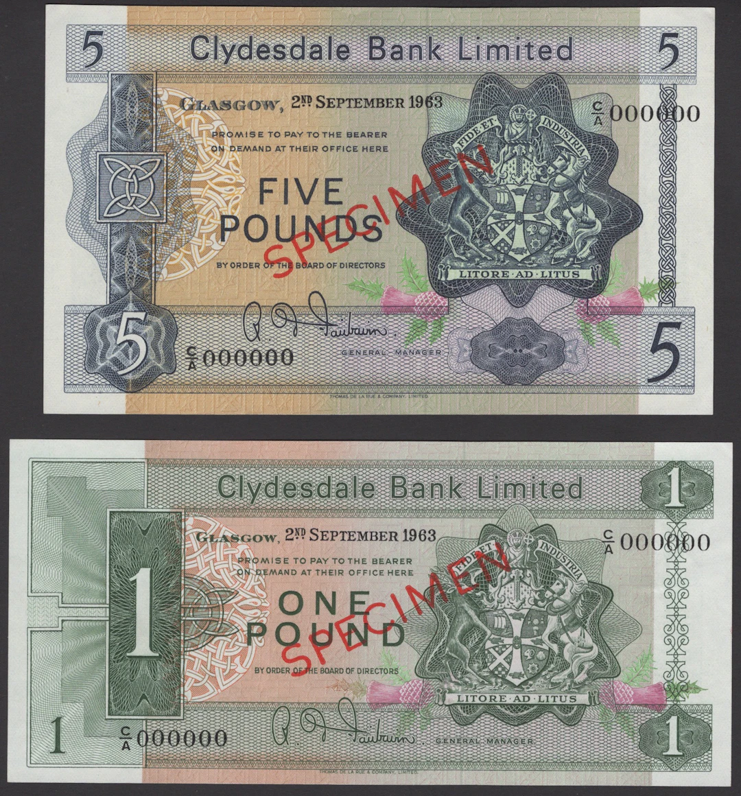 Clydesdale Bank Limited, specimen £1, 2 September 1963, serial number