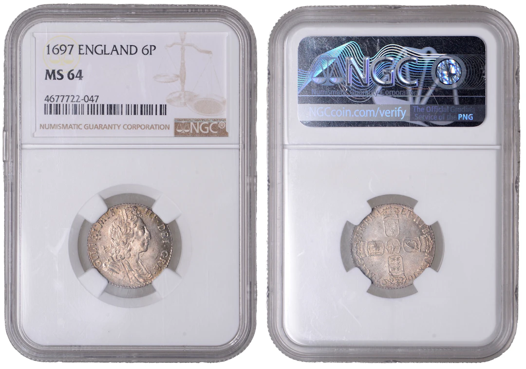 William III (1694-1702), Sixpence, 1697, reads gvlieimvs (ESC 1237;