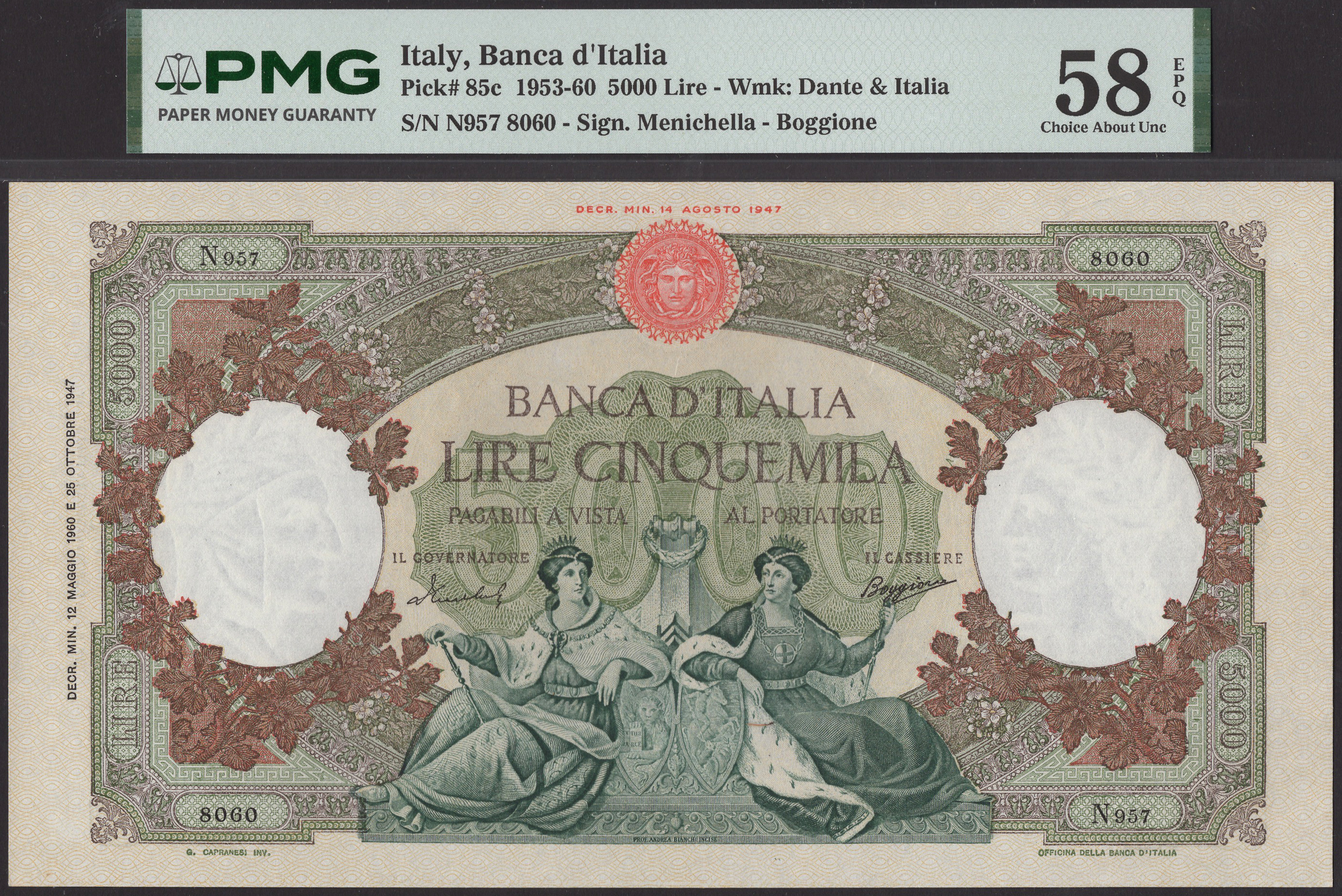 Banca d’Italia, 5000 Lire, 12 May 1960, serial number N957 8060, Menichella