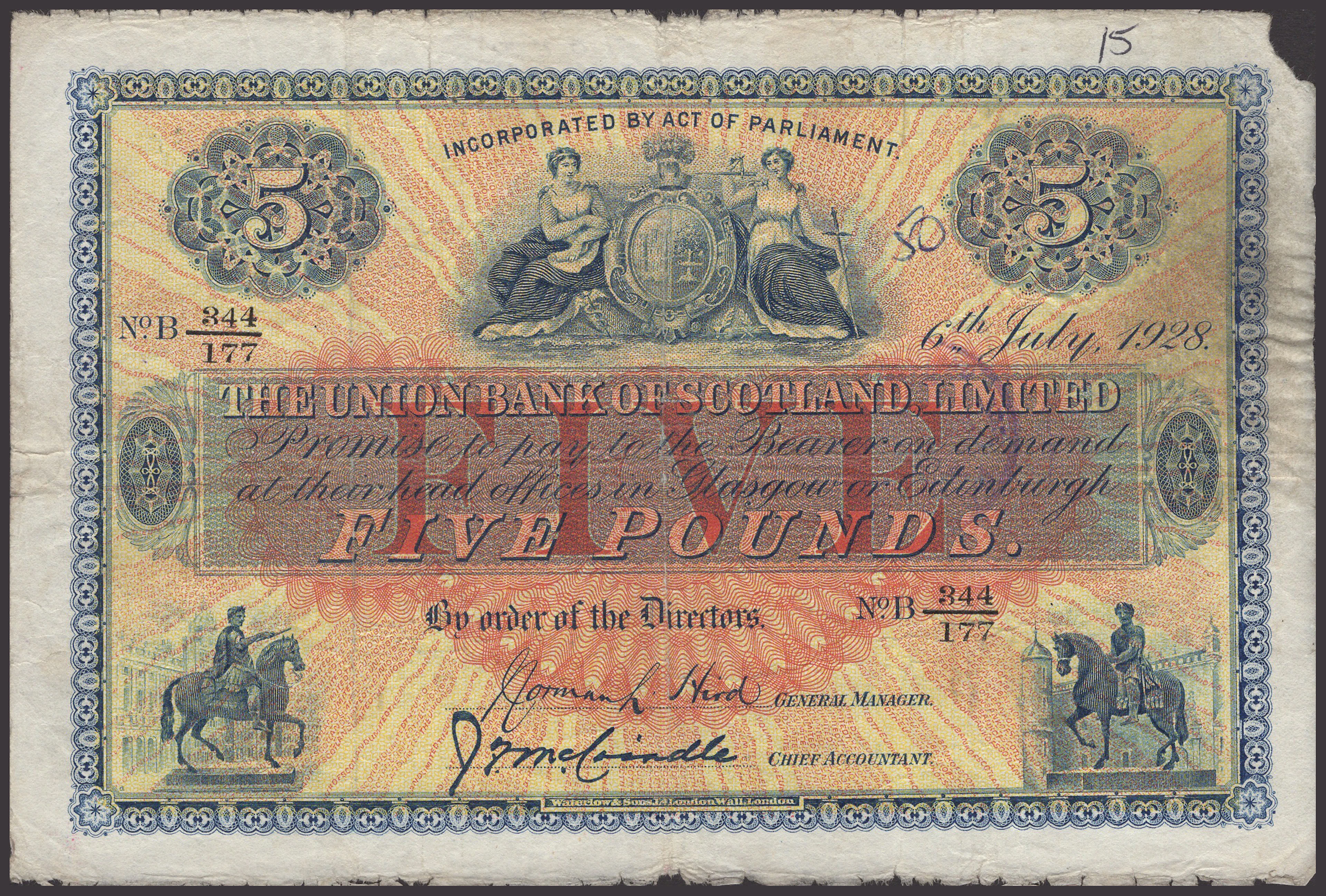 Union Bank of Scotland, £5, 6 July 1928, serial number B 344/177