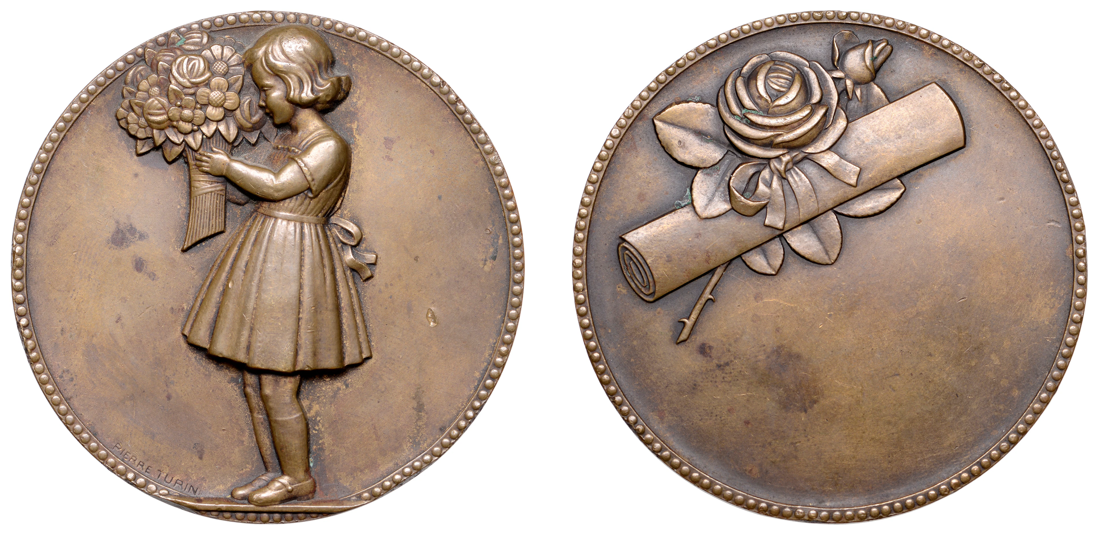 FRANCE, Le Compliment, 1944, a bronze medal by P. Turin, smiling young