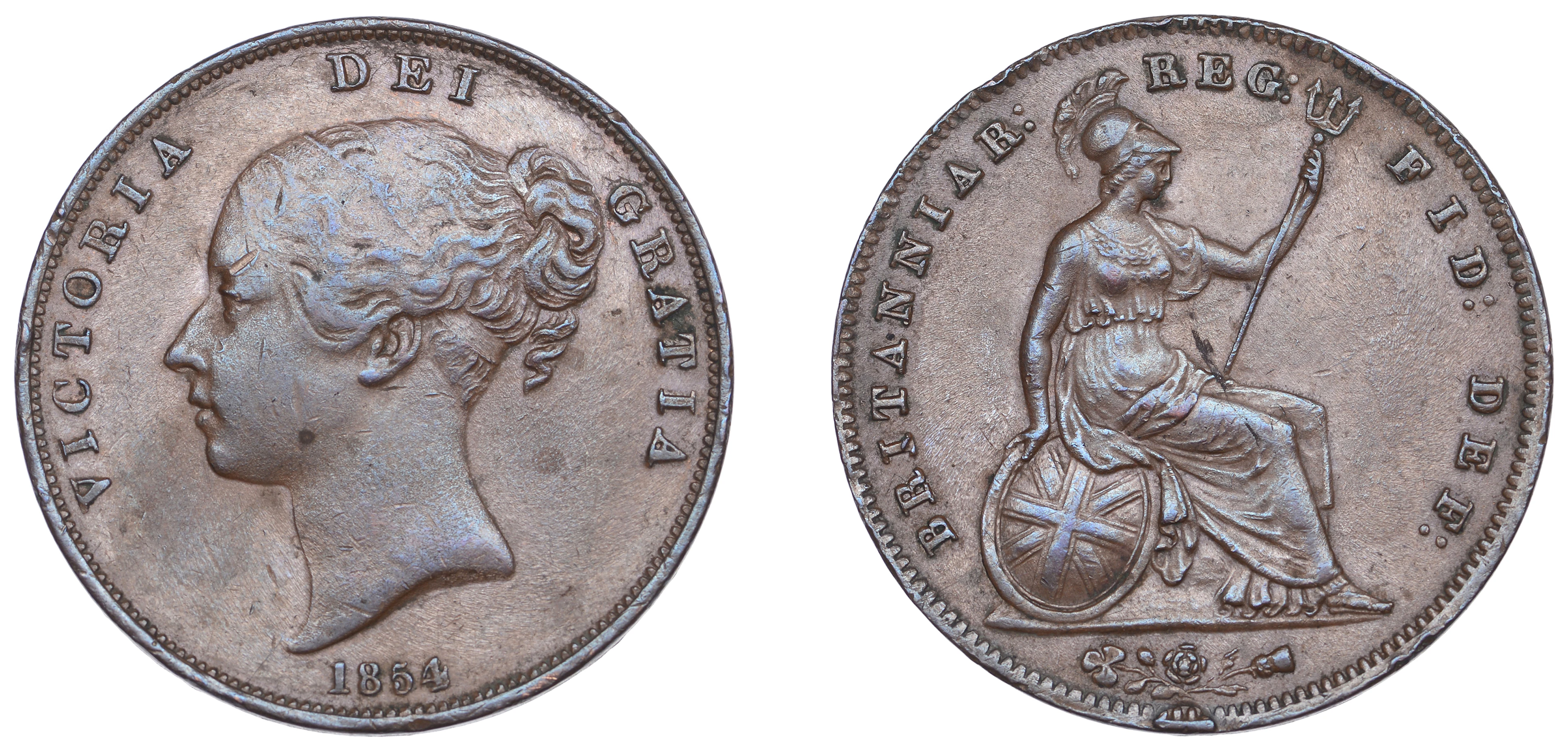 Victoria (1837-1901), Penny, 1854/3, plain trident, close colon (BMC