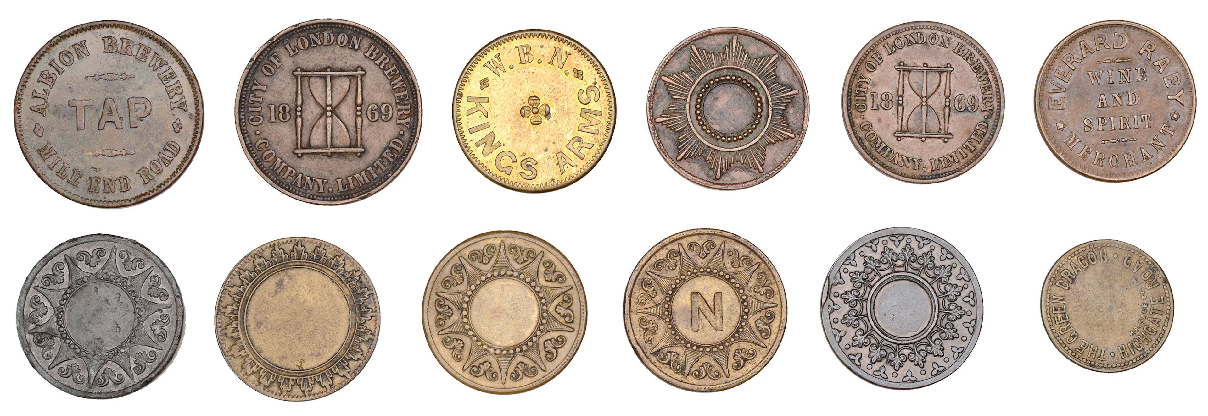 Brewer’s tokens: Mile End, Albion Brewery, brass Twopence, 32mm (Cunningham