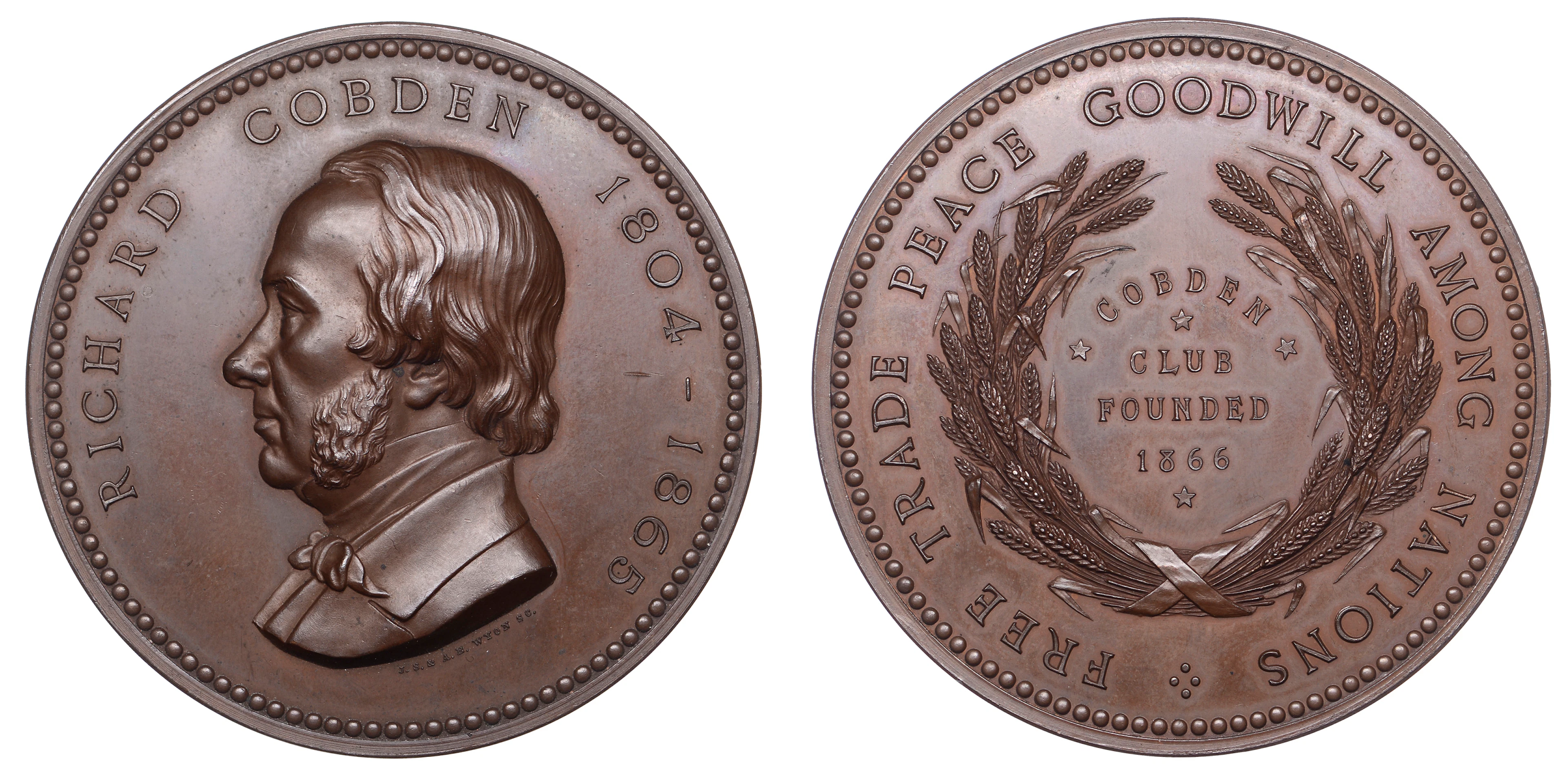 Foundation of the Cobden Club, 1866, a copper medal by J.S. & A.B.