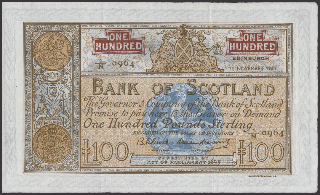 Bank of Scotland, £100, 21 November 1962, serial number 1/N 0964