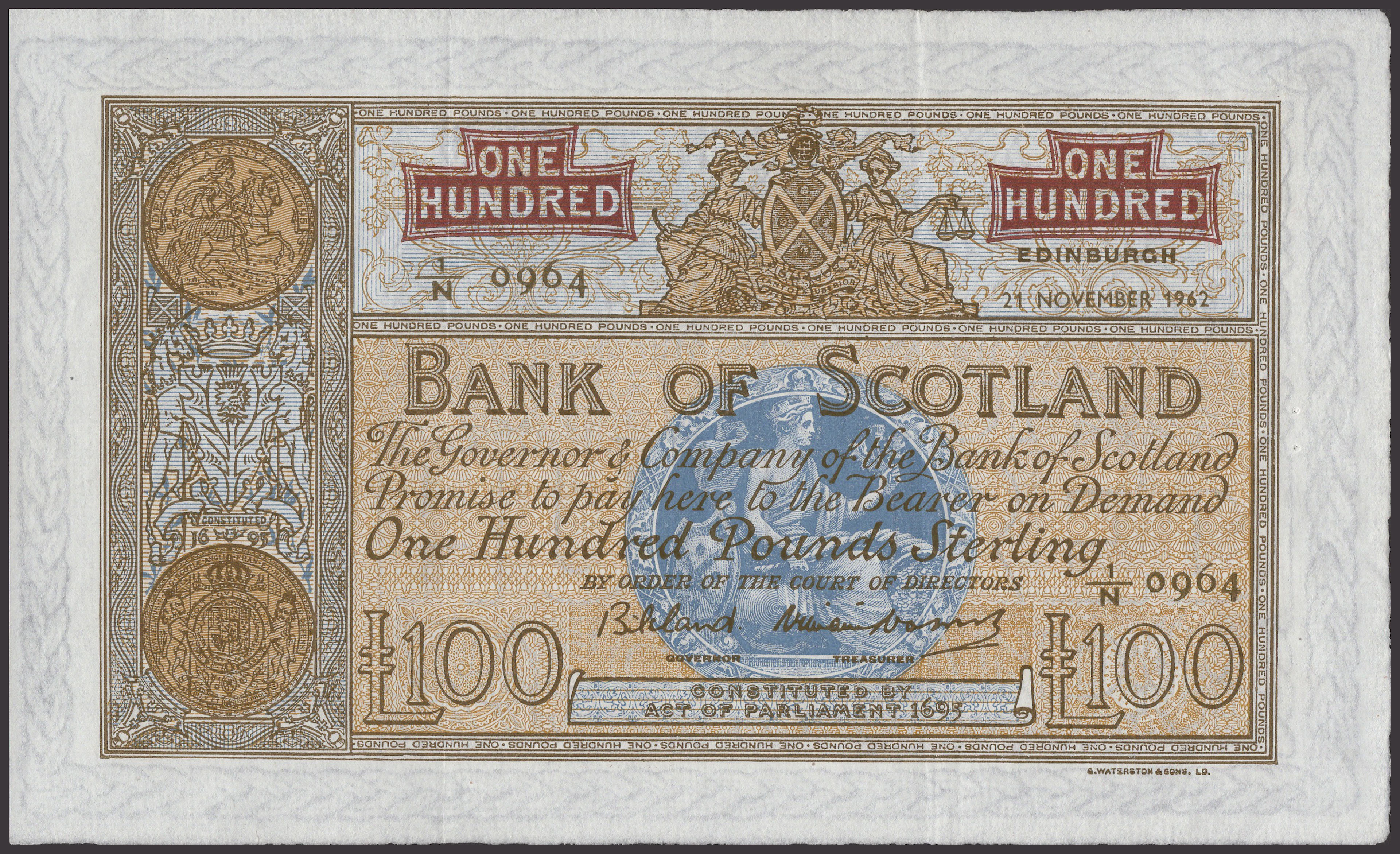 Bank of Scotland, £100, 21 November 1962, serial number 1/N 0964