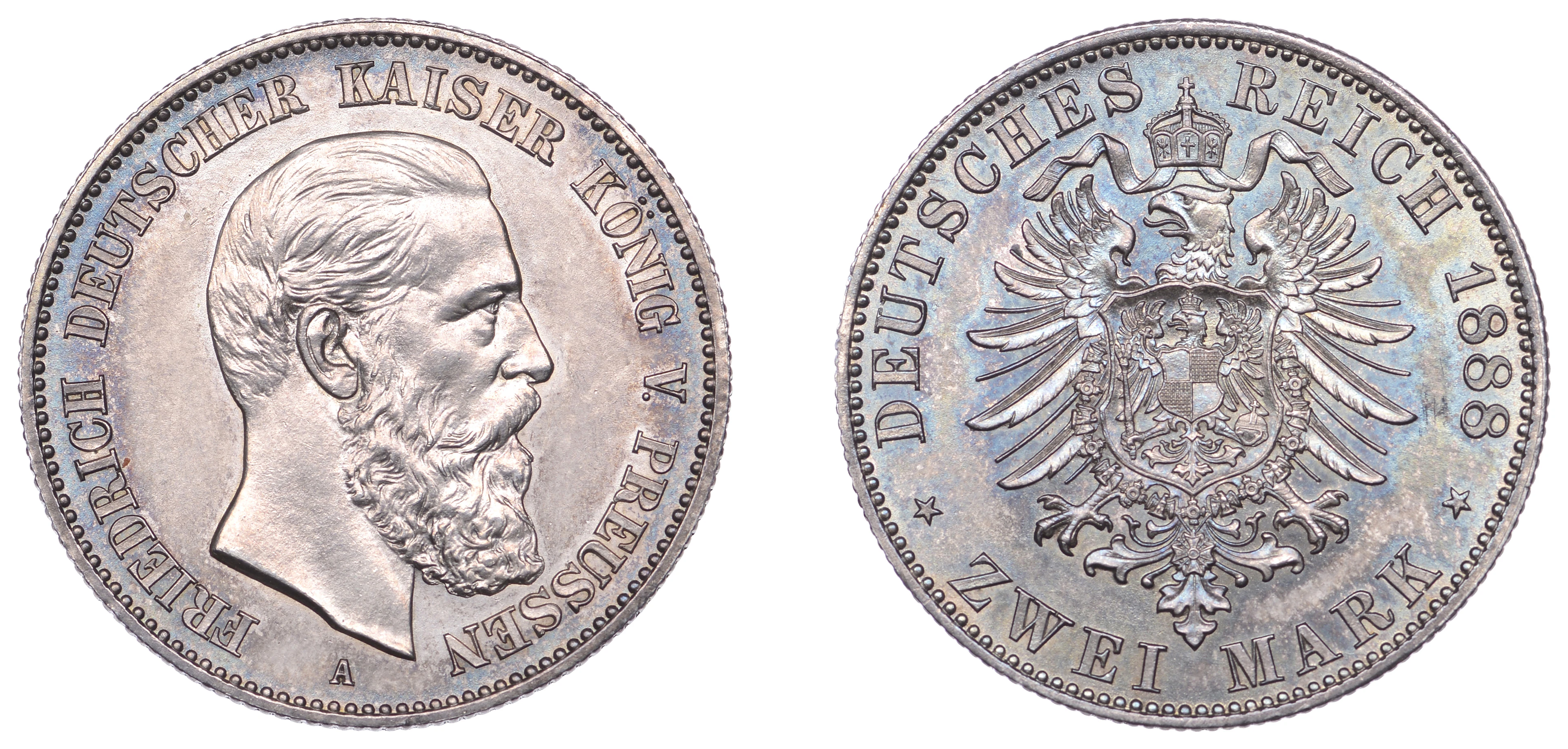Germany, Prussia, Friedrich III, 2 Mark, 1888a, Berlin (J 98; KM 510).