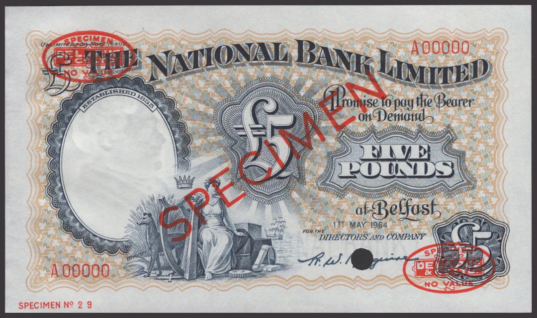 The National Bank Limited, specimen £5, 1 May 1964, serial number