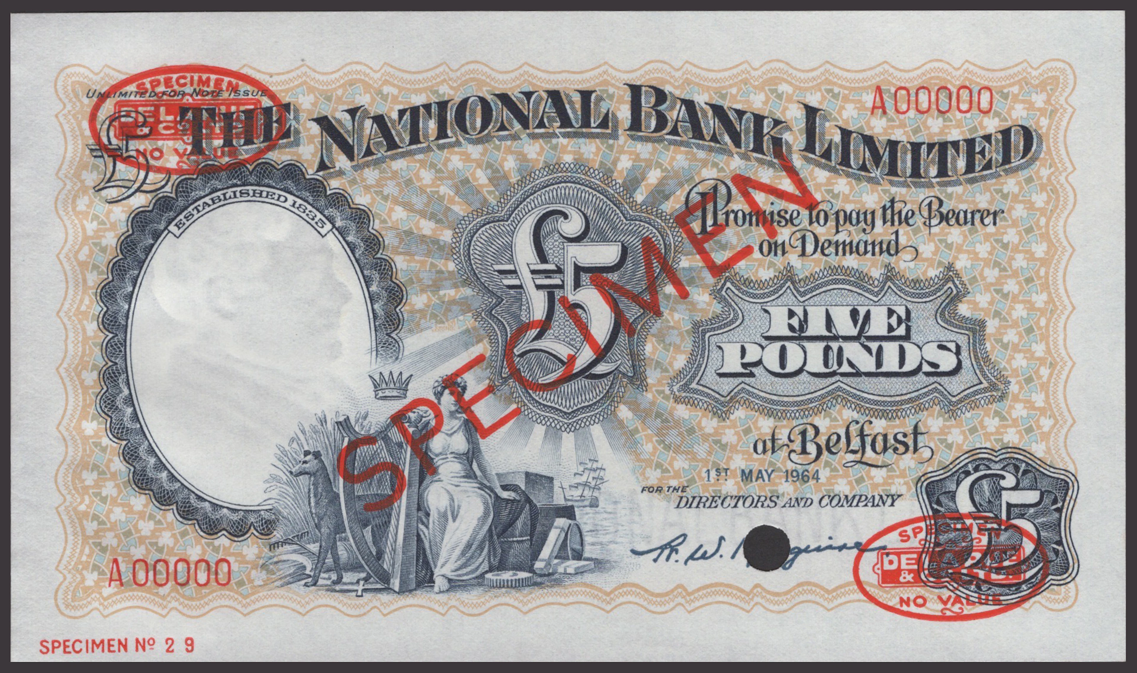 The National Bank Limited, specimen £5, 1 May 1964, serial number