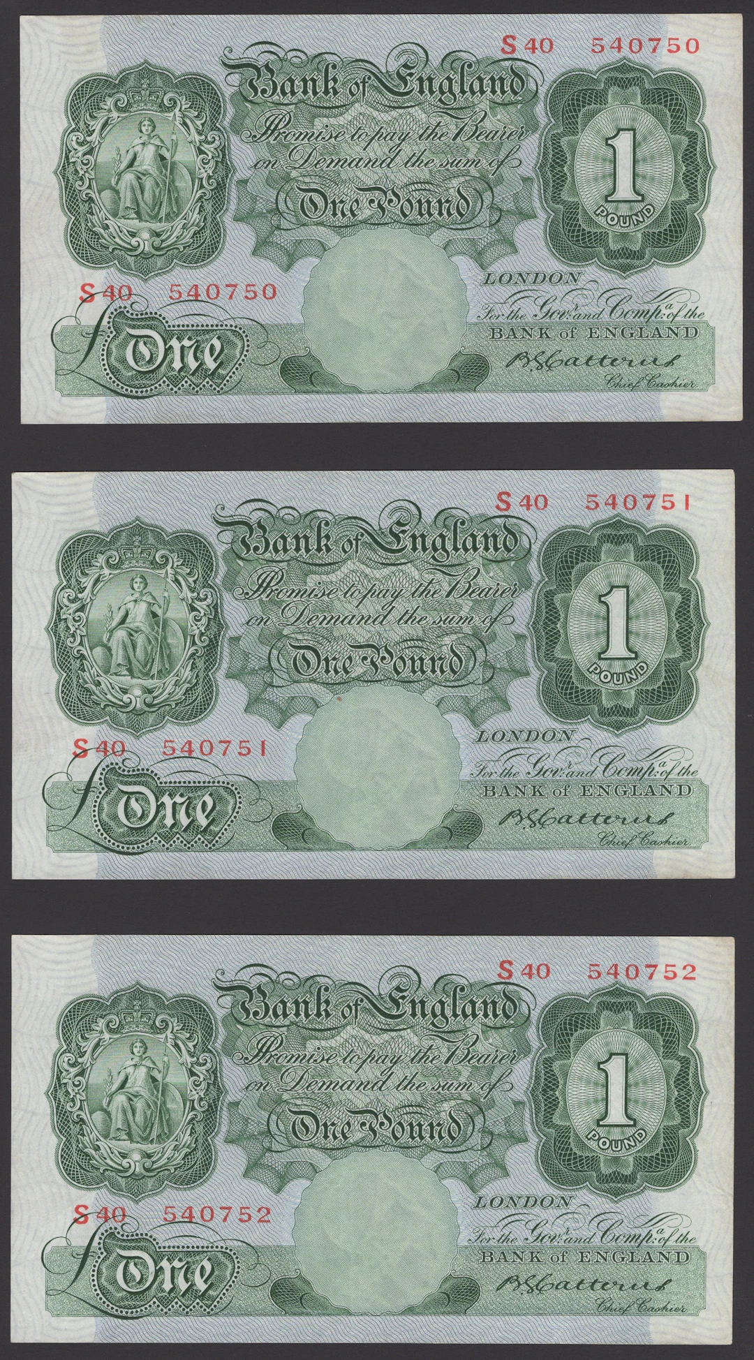 Bank of England, Basil G. Catterns, £1 (3), 15 July 1930, consecutive