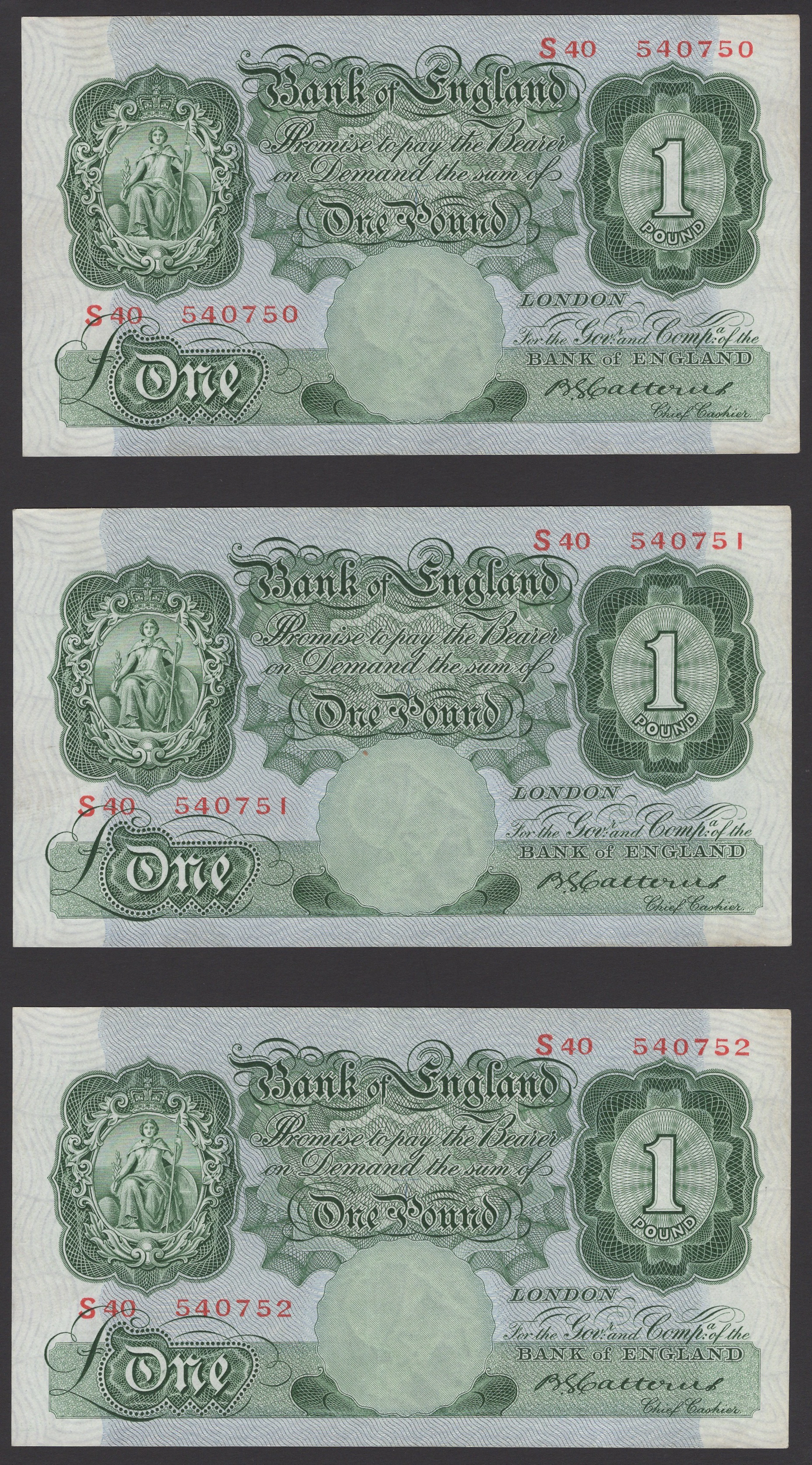 Bank of England, Basil G. Catterns, £1 (3), 15 July 1930, consecutive