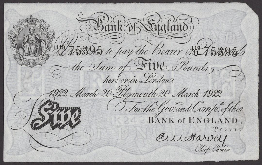 Bank of England, Ernest M. Harvey, £5, Plymouth, 20 March 1922, serial