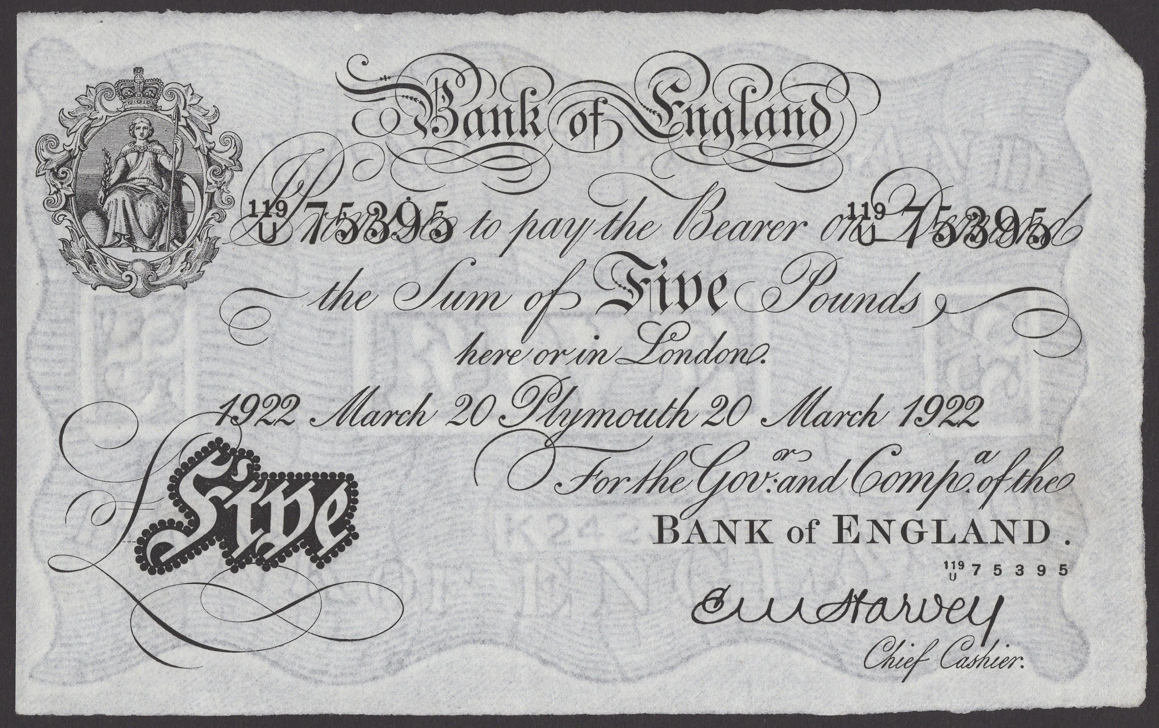 Bank of England, Ernest M. Harvey, £5, Plymouth, 20 March 1922, serial