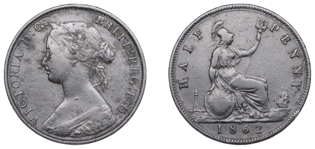Victoria (1837-1901), Halfpenny, 1862, die letter c to left of lighthouse