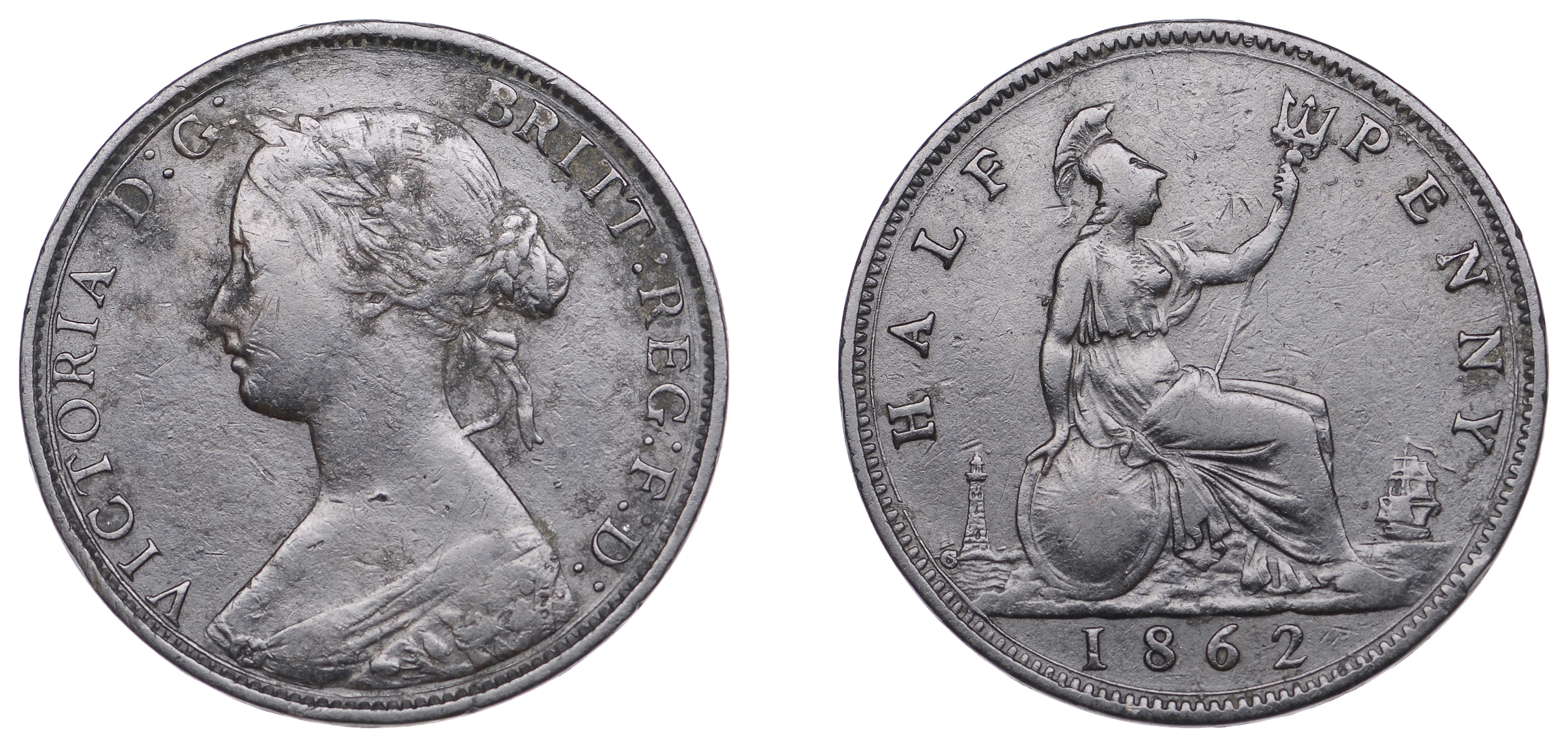Victoria (1837-1901), Halfpenny, 1862, die letter c to left of lighthouse