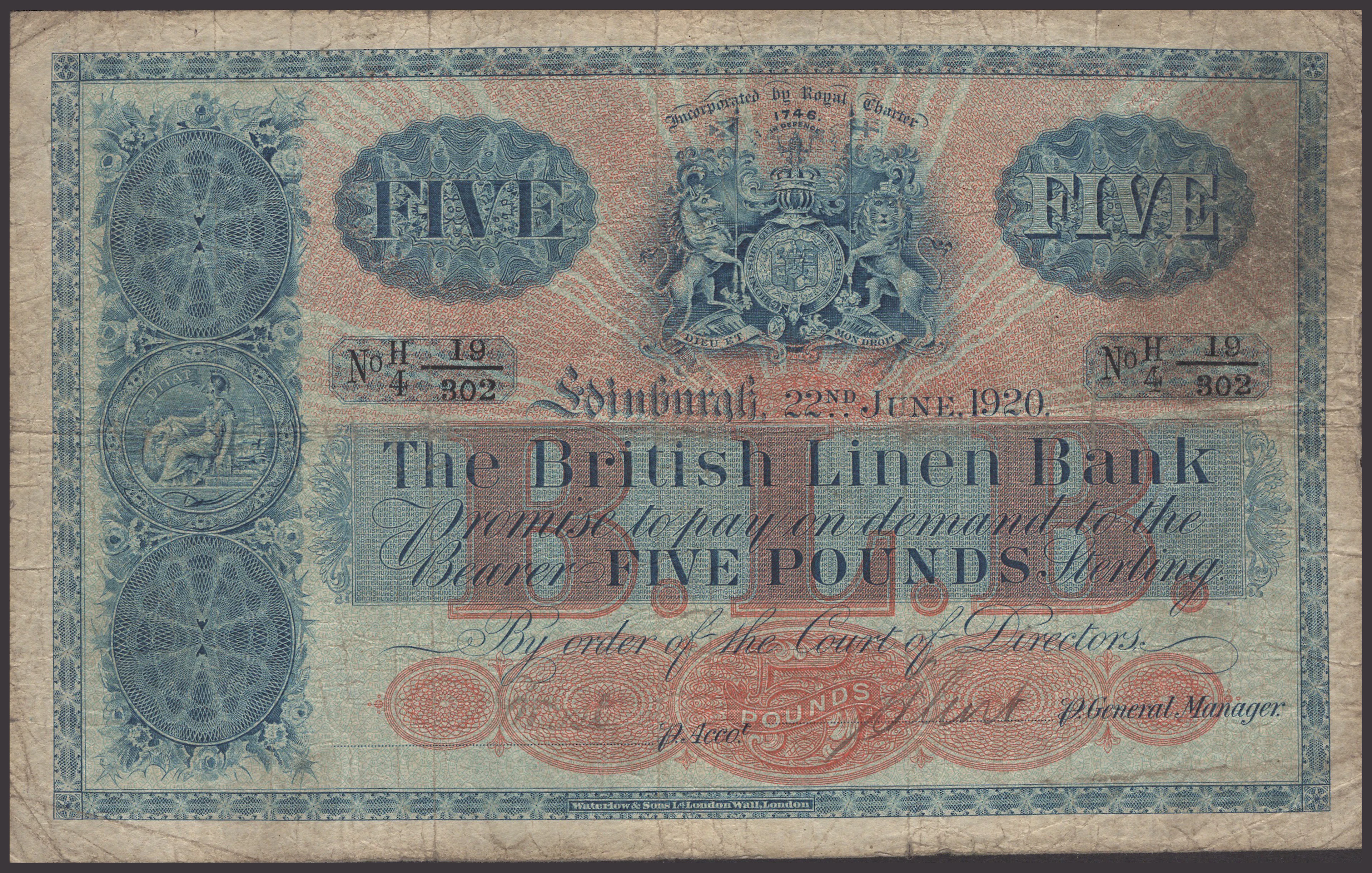 British Linen Bank, £5, 22 June 1920, serial number H/4 19/302, two