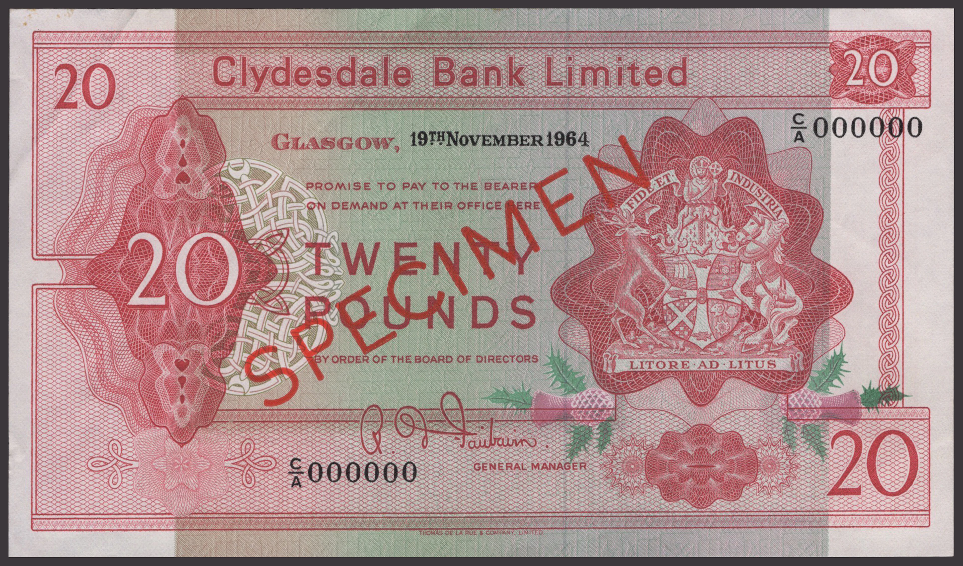 Clydesdale Bank Limited, specimen £20, 19 November 1964, serial number