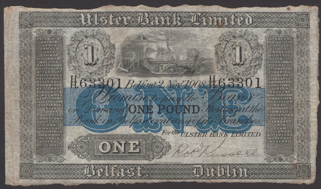 Ulster Bank Limited, £1, 2 November 1908, serial number H/H. 63301