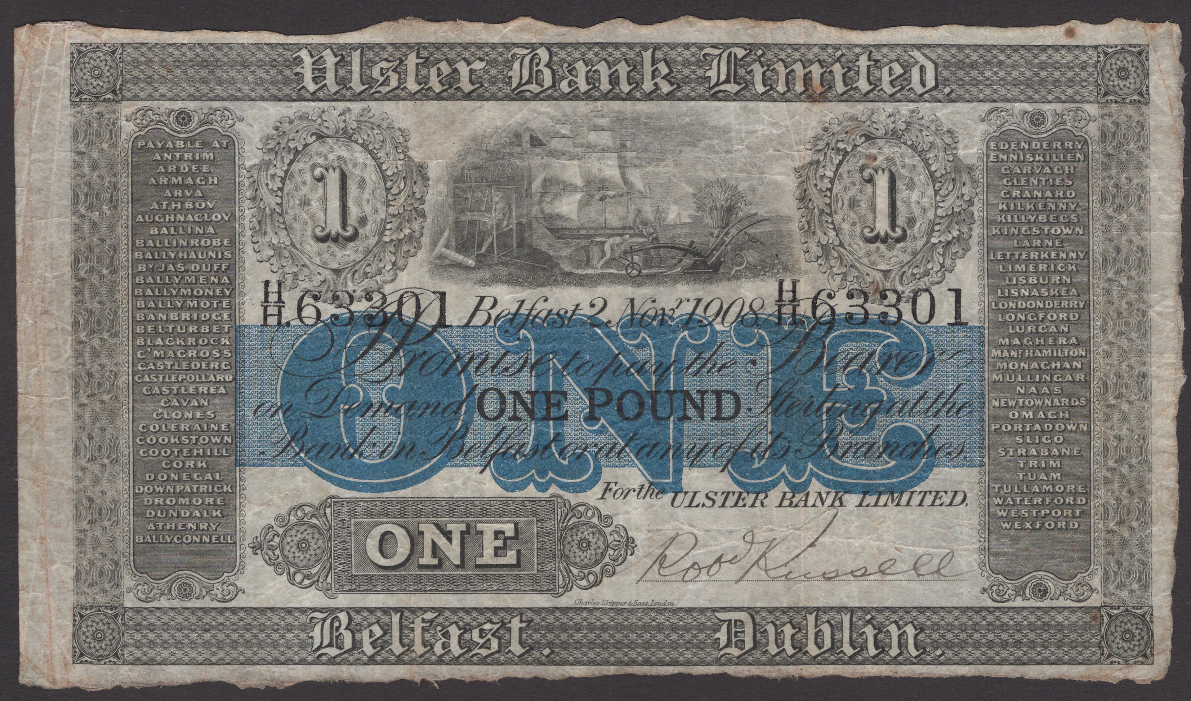 Ulster Bank Limited, £1, 2 November 1908, serial number H/H. 63301