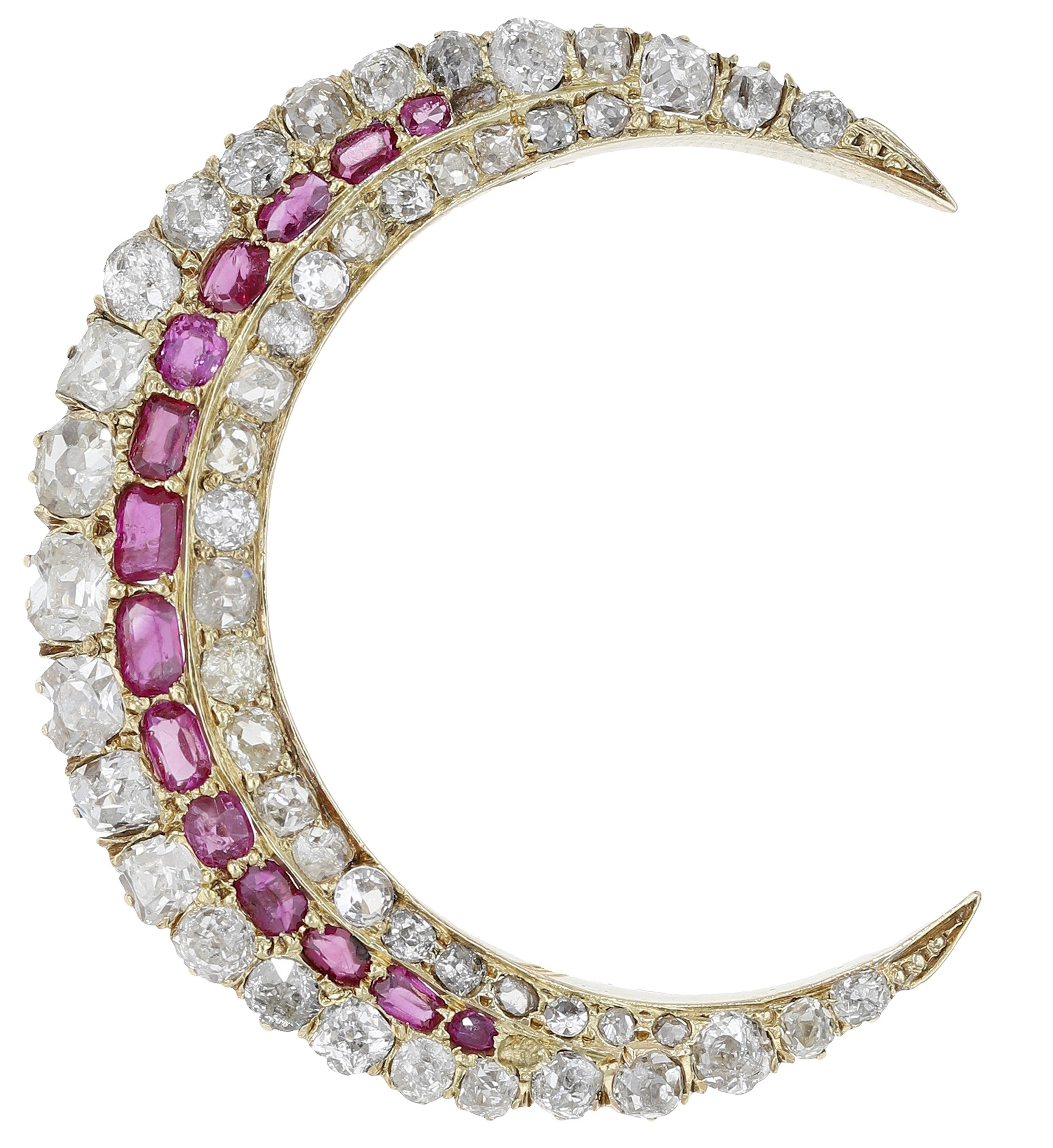 A ruby and diamond crescent brooch, the inner row of cushion-cut rubies